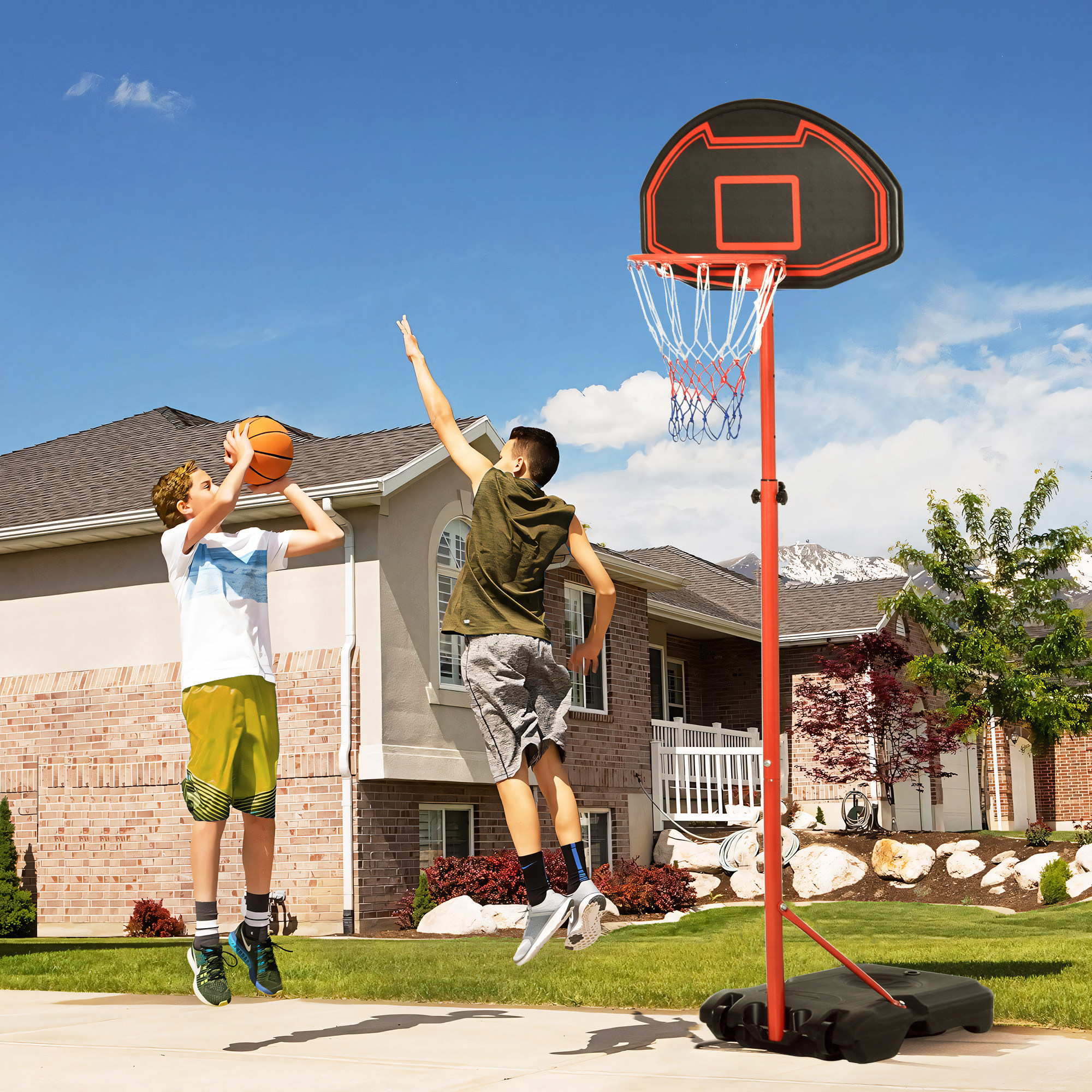 HOMCOM Höhenverstellbarer Basketballkorb, stabiler Standfuß, wetterfest, tragbar mit Rädern, Rot/Schwarz