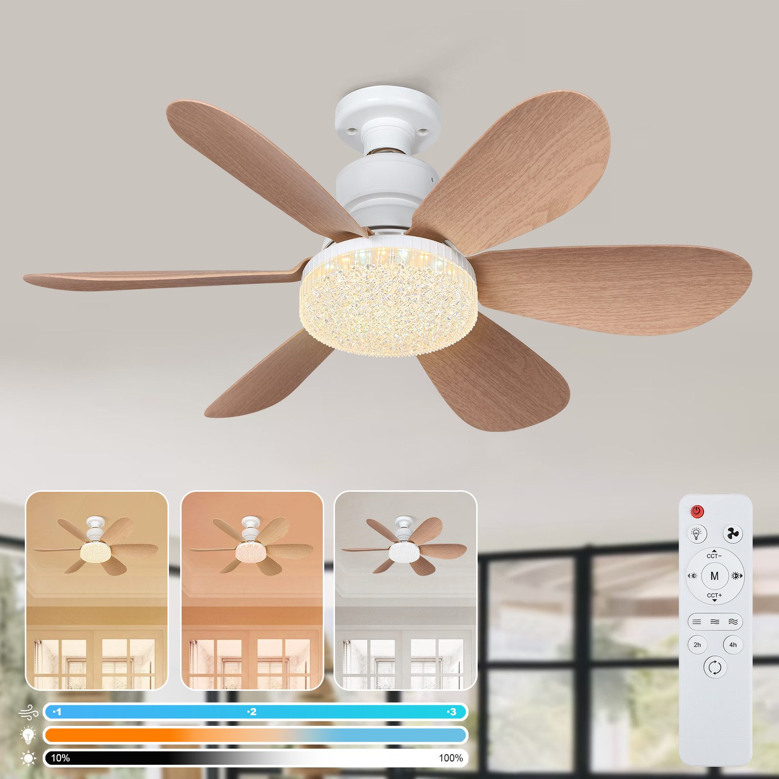 Deckenventilator LED Deckenleuchte Dimmbare mit Beleuchtung, für Schlafzimmer, Küche