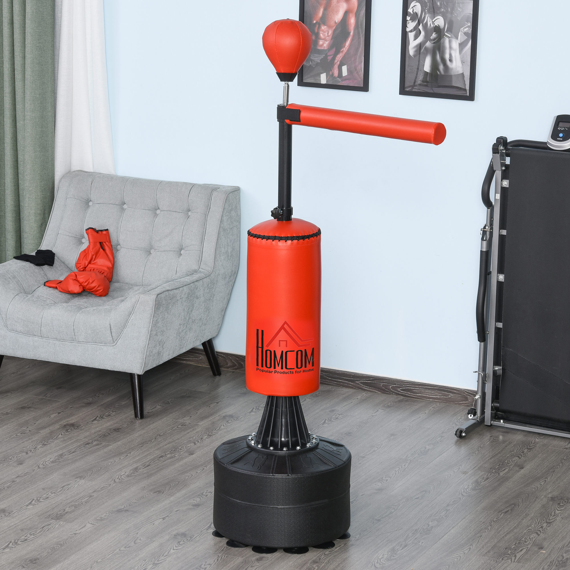 HOMCOM Standboxsack Boxtrainingsgerät mit Reflexball, 360°-Drehstange, Saugfuß, Sand/Wasser befüllbar, Stehend Boxassistent mit Handschuhe, Luftpumpe Training Boxsack 88 x 48 x 155-205 cm
