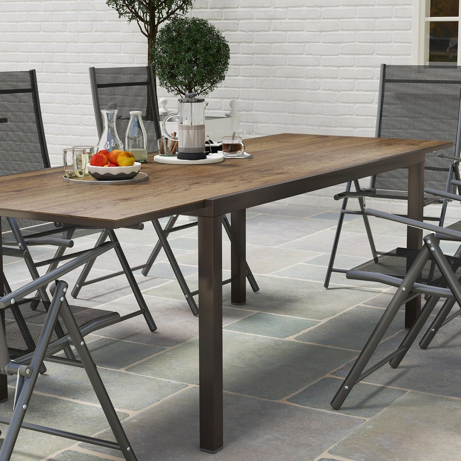 Outsunny Extendable Garden Table 160/240 x 90 x 74 cm, Extendable Dining Table for 6-8 People in Aluminium with Wood Effect Top in DPC for Patio, Balcony and Outdoor, Brown