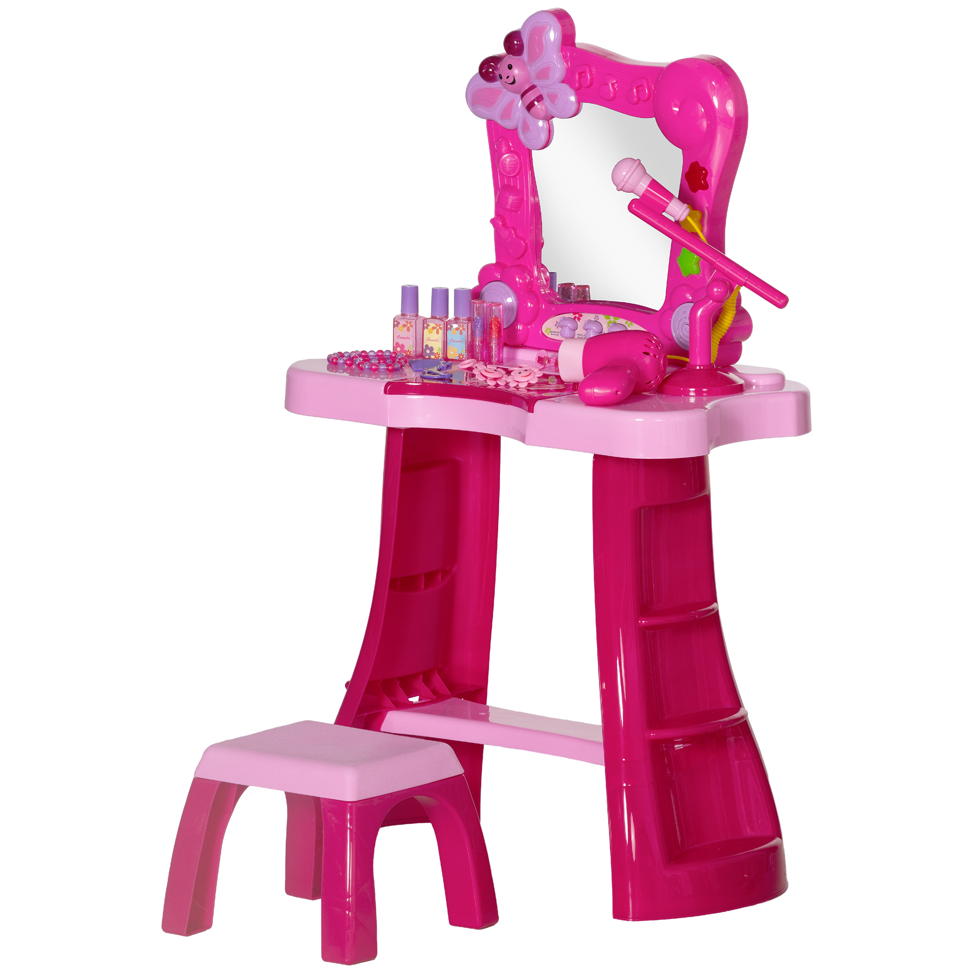 AIYAPLAY 15-teiliger Kinderschminktisch mit Hocker und Spiegel, Licht, Musik, Mikrofon, Haartrockner, Aufbewahrungsfach