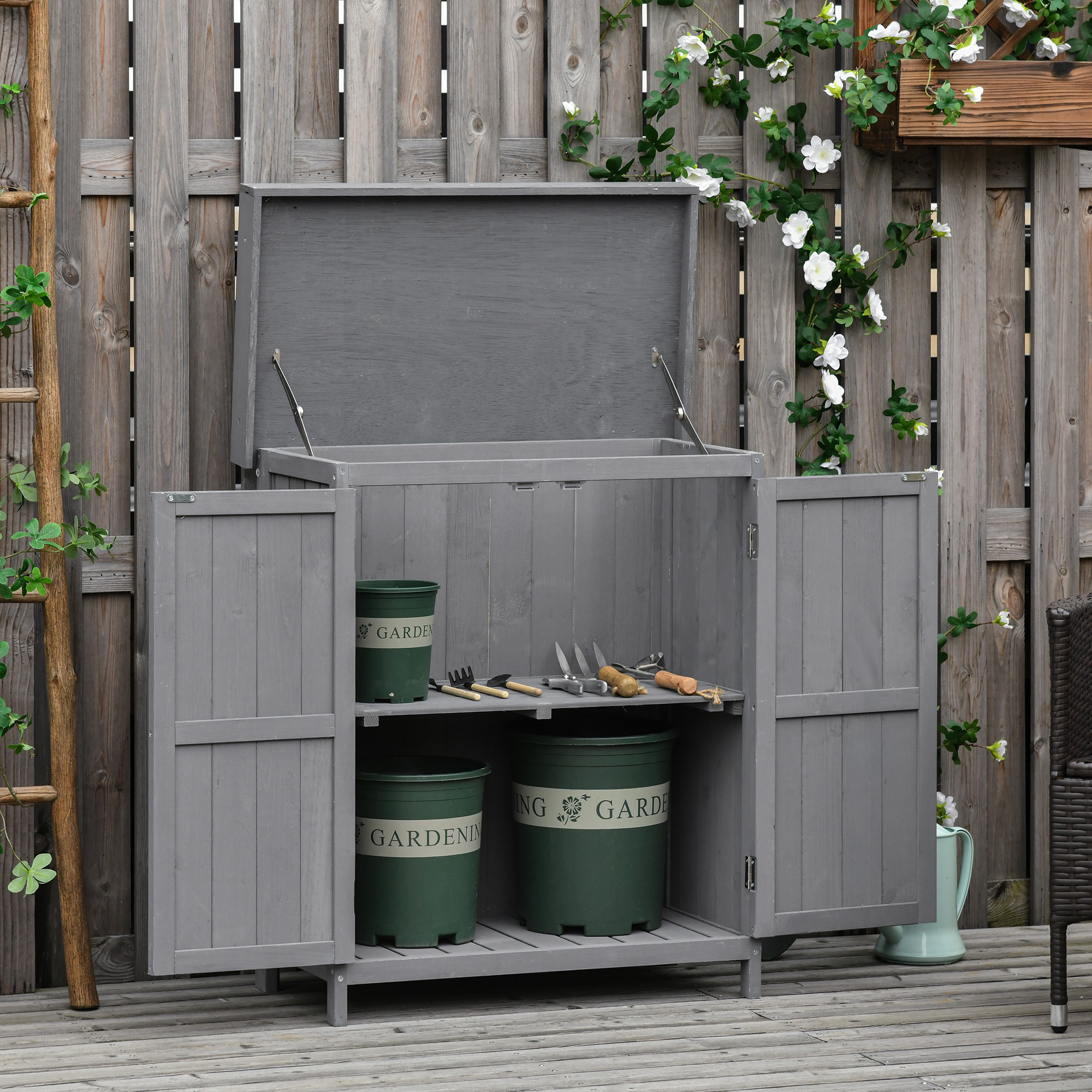 Outsunny Geräteschrank, Doppeltür, Klappdeckel, 2 Regalfächer, wetterfest, Naturholz, grau, 74 x 43 x 88cm