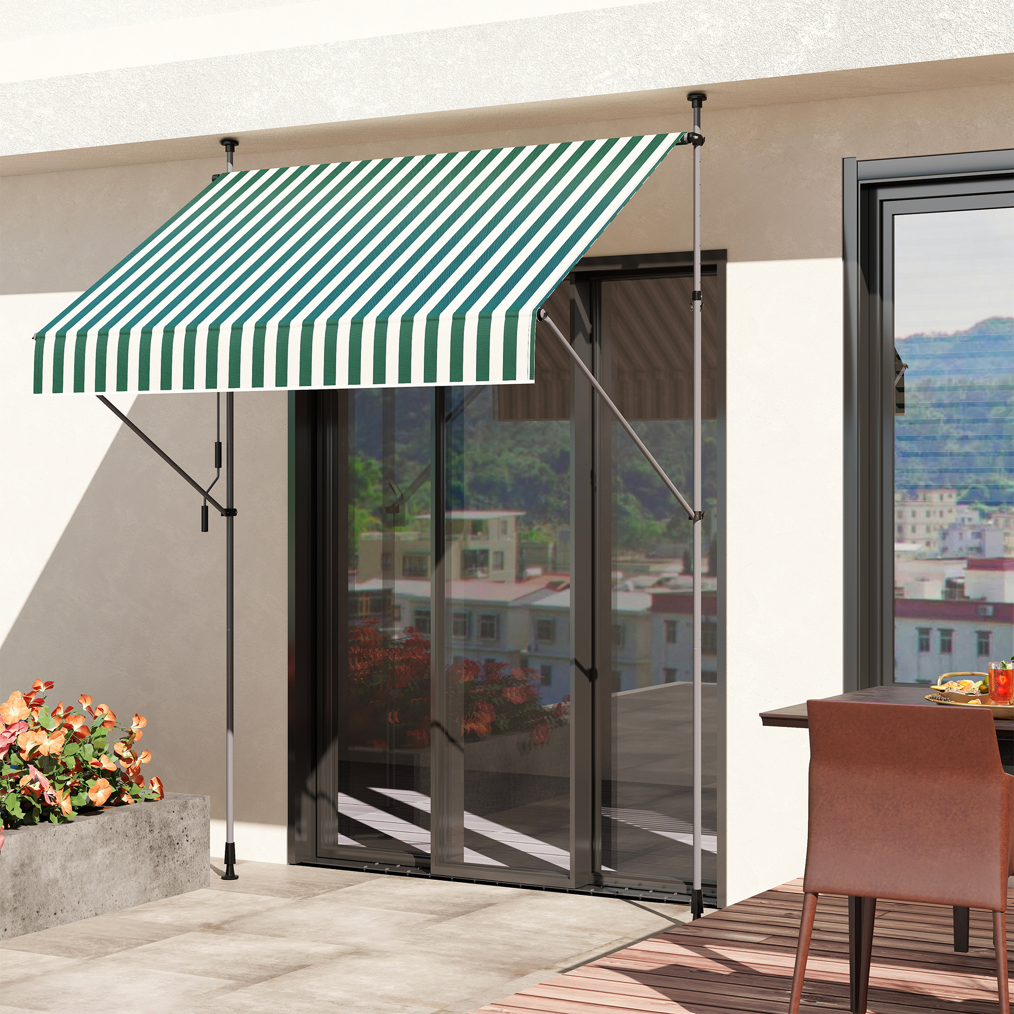 Outsunny Sonnensegel 2x1,2 m mit höhenverstellbaren Stützen und Kurbel, aus Aluminium, Metall und Polyester, Grün und Weiß