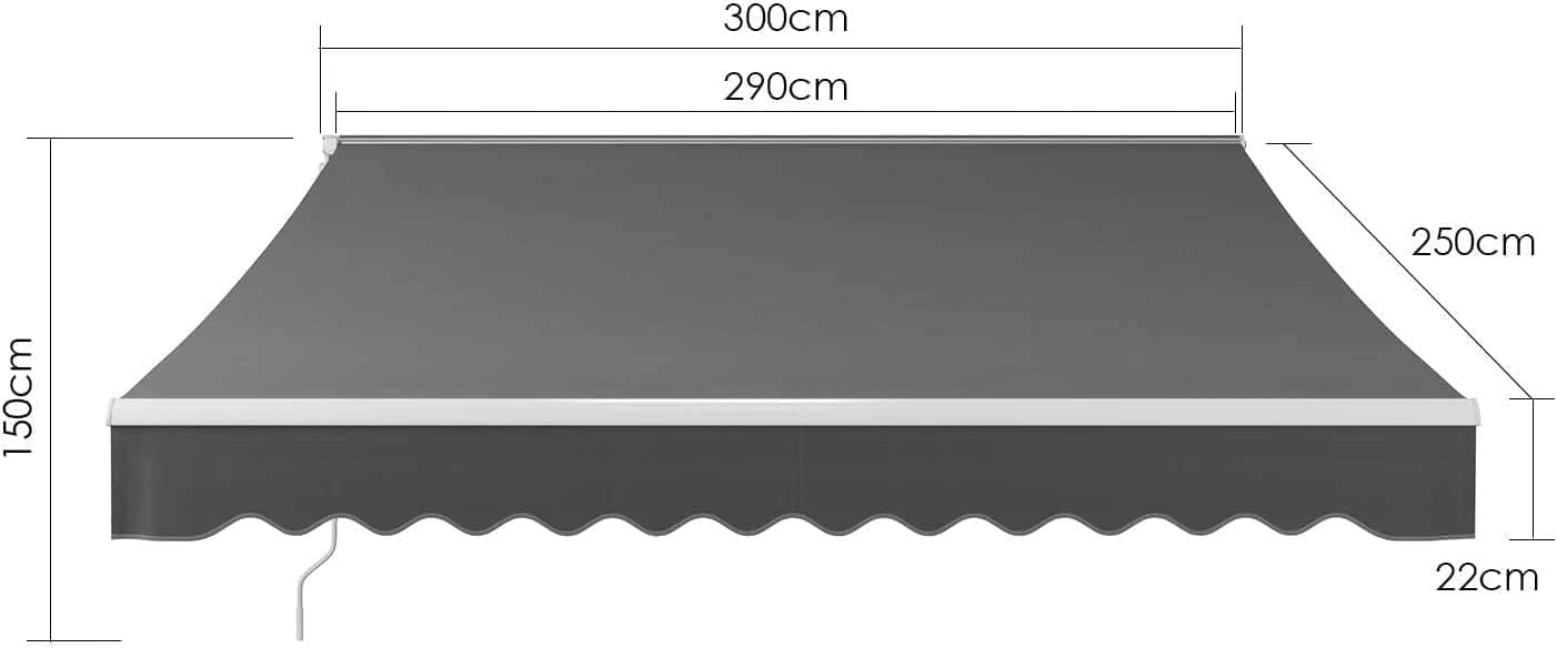 Awning with Extendable Arms 300 x 250 cm, UV Rays Arm Awning with Articulated Arm, Wall Mount, Crank Handle, Aluminium/Polyester, for Outdoors, Terraces, Balcony, Grey