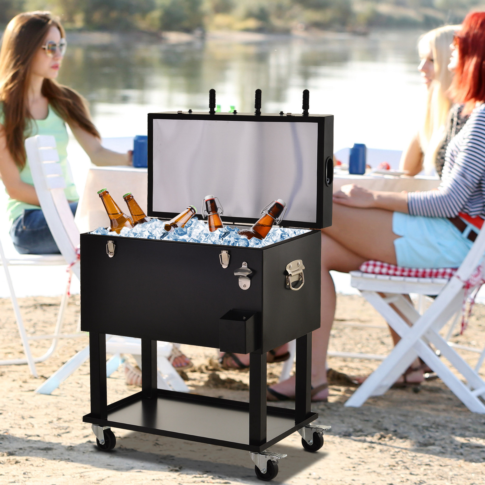 Outsunny Kühlbox mit Tischkicker, 2-in-1, 65L Weinkühler, Tischfußball, Kühlwagen mit 4 Rollen, Metall Schwarz 71 x 59,5 x 85 cm