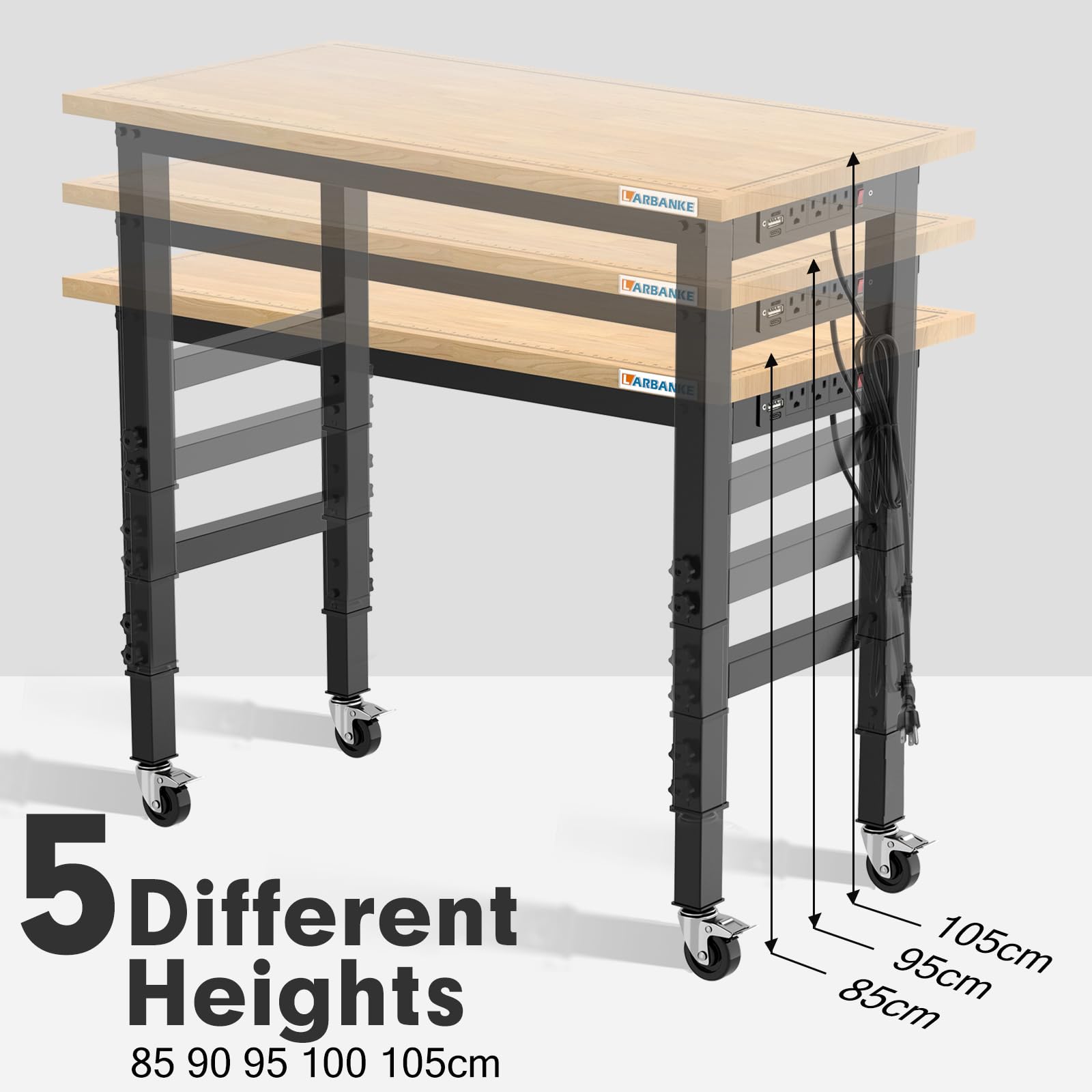 Schwerlast-Werkbank 120 cm aus Gummibaumholz, 5-fach höhenverstellbar von 85 bis 105 cm, mit Steckdosenleiste und USB