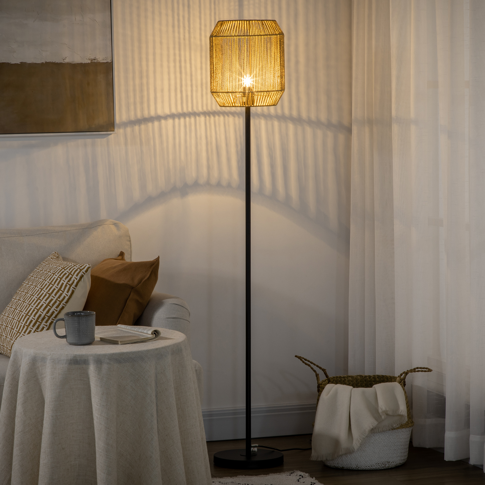 HOMCOM Stehlampe für das Wohnzimmer mit Lampenschirm aus Papierseil in natürlicher Optik Glocke E27 Max. 40W - Ø 26 x 164H cm