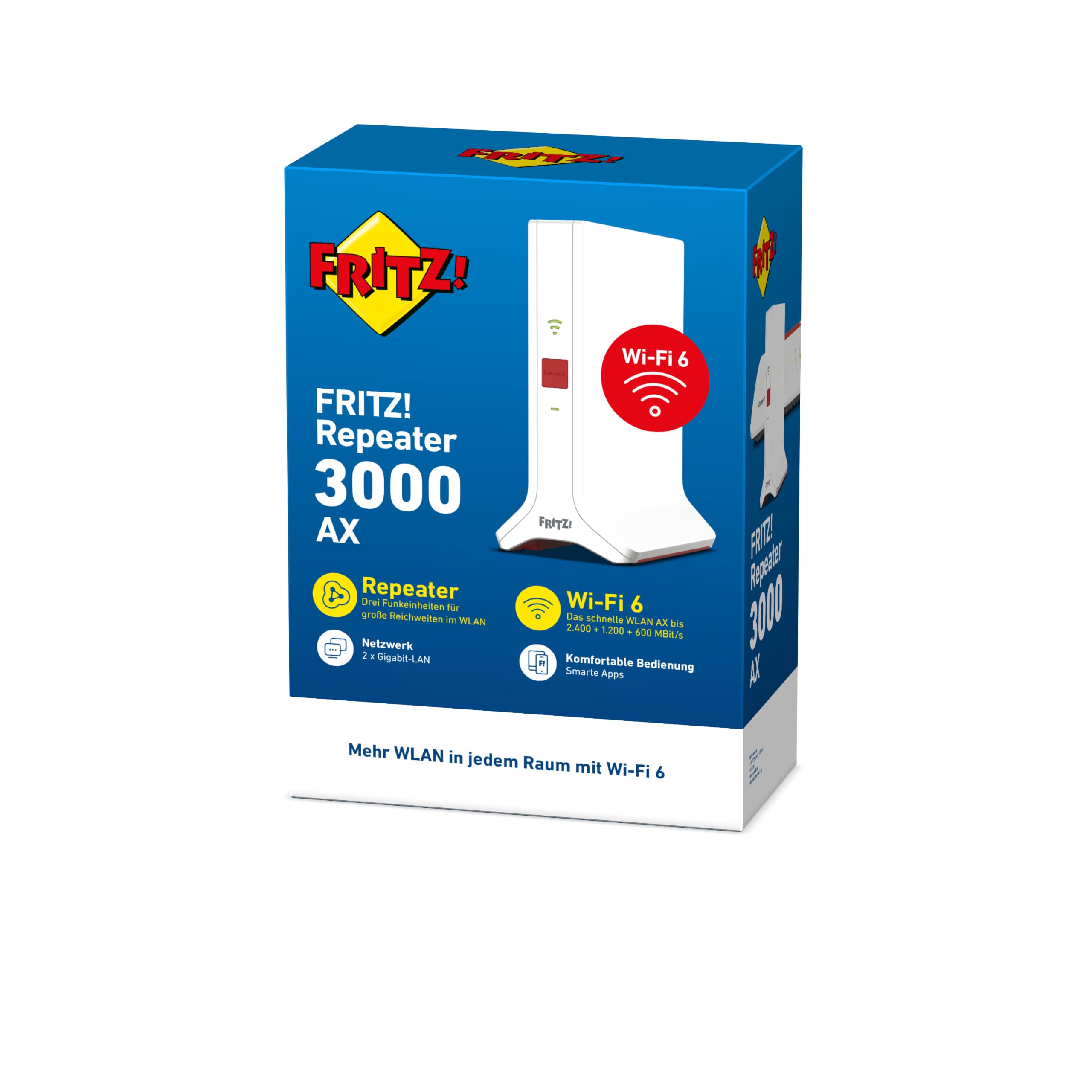 WLAN Mesh Repeater 3000 AX Wi-Fi 6 Triband bis 4.200 MBit/s 2 Gigabit-LAN-Anschlüsse WPS Netzteil und Netzwerkkabel