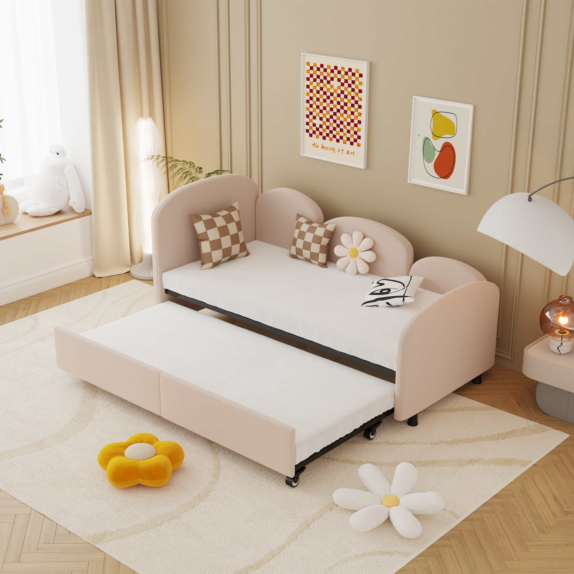 Sofa-Bett mit Schubladen für Kinderzimmer und Wohnzimmer, 90x200 cm, Rosa