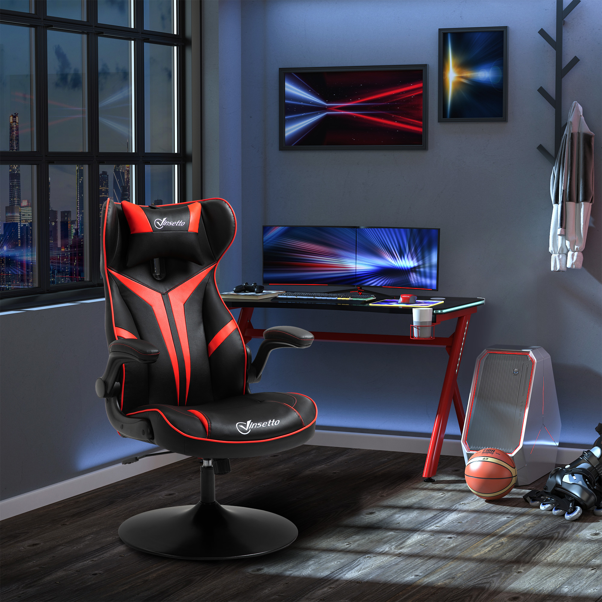 Vinsetto Gaming Stuhl ergonomischer Computerstuhl mit Wippfunktion Drehstuhl höhenverstellbar Stahl Schwarz+Rot 67 x 70 x 106-112 cm