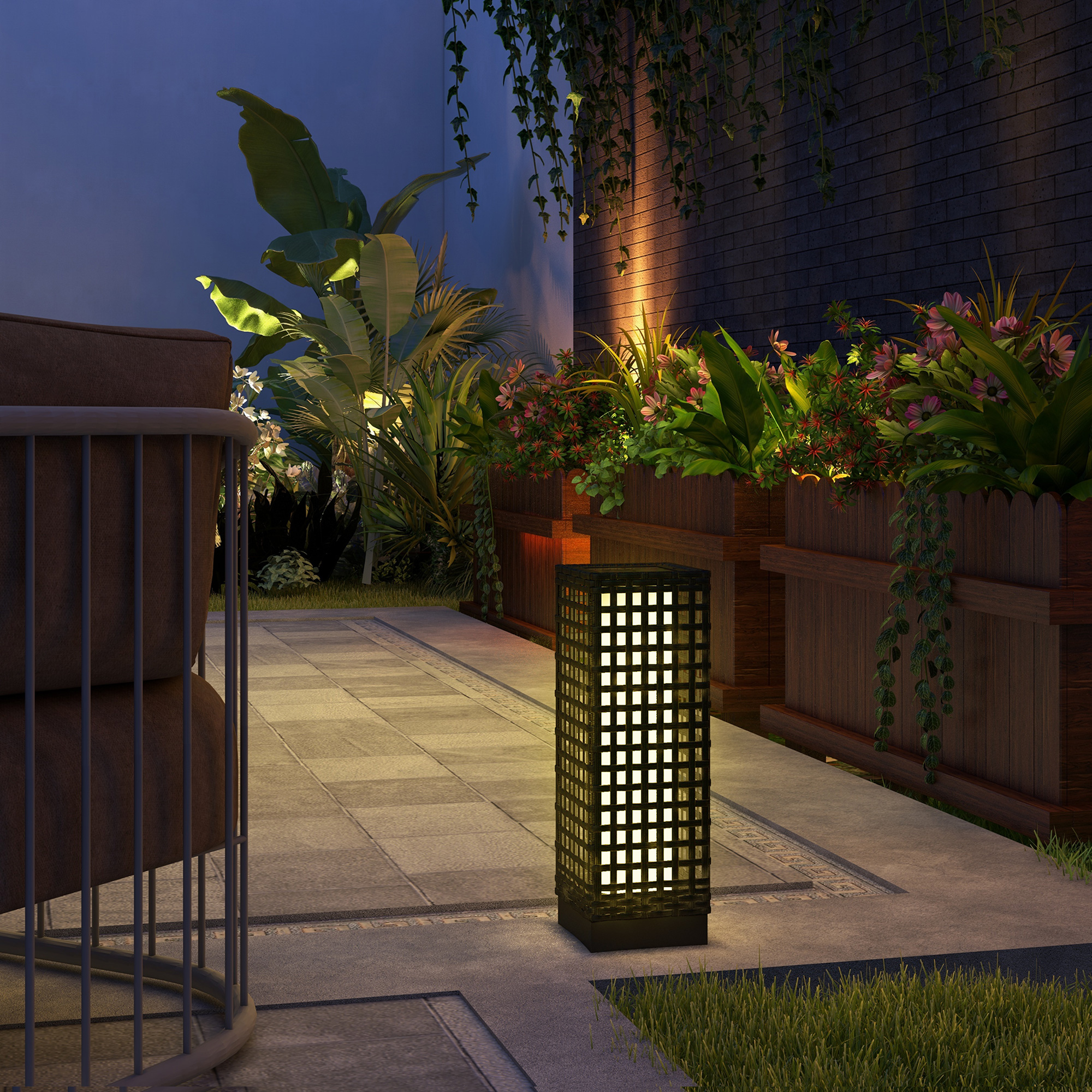 Outsunny Außenleuchte mit Solarmodul, Einschaltautomatik, 8 h Betriebszeit, Rattanoptik, Stahl, 15,5 x 15,5 x 46 cm, Schwarz