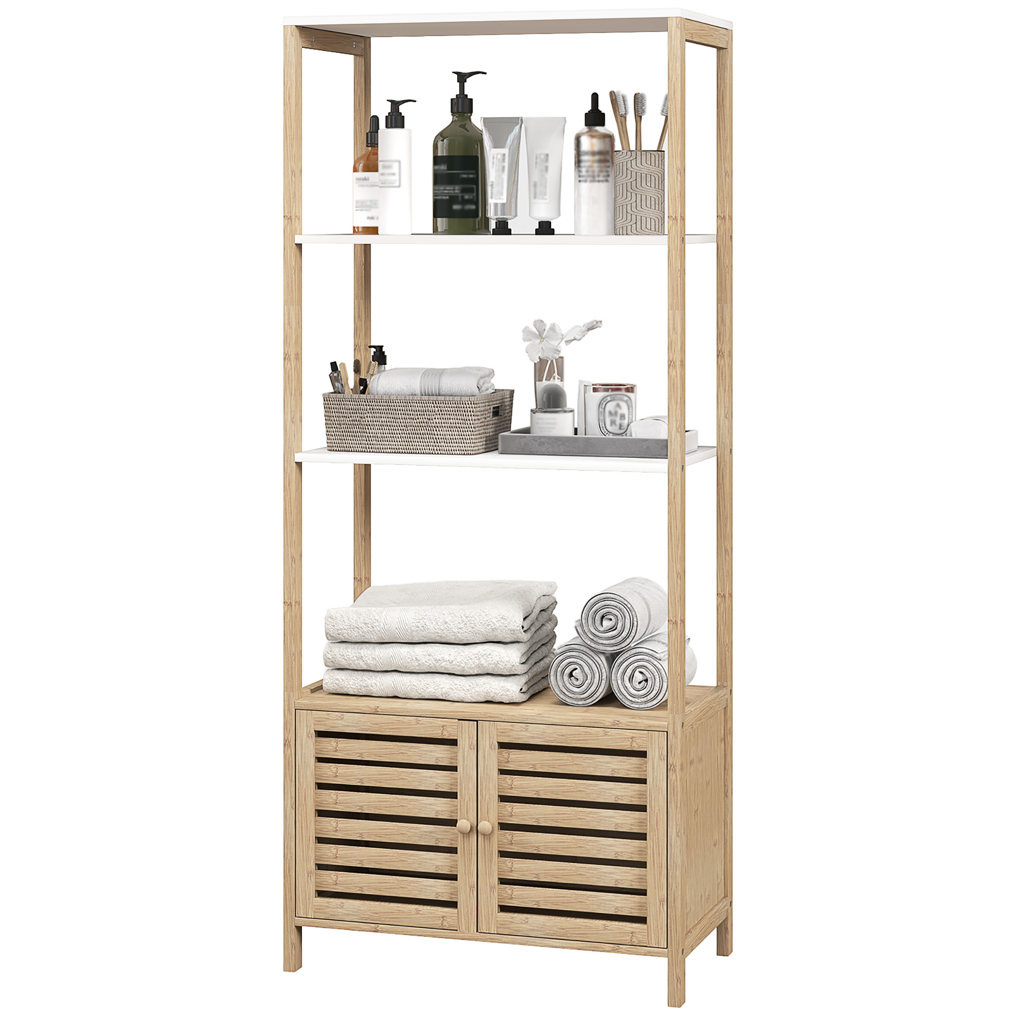 HOMCOM Badezimmerschrank Aufbewahrungsschrank aus Bambus 3 Regale 1 Schrank 63 x 30 x 138 cm Naturholz und Weiß