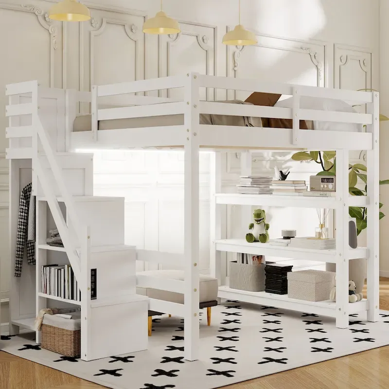 Full/Twin Loft Bed with Storage Stairs - Shelves, Wardrobe & LED Light, Space-Saving Design