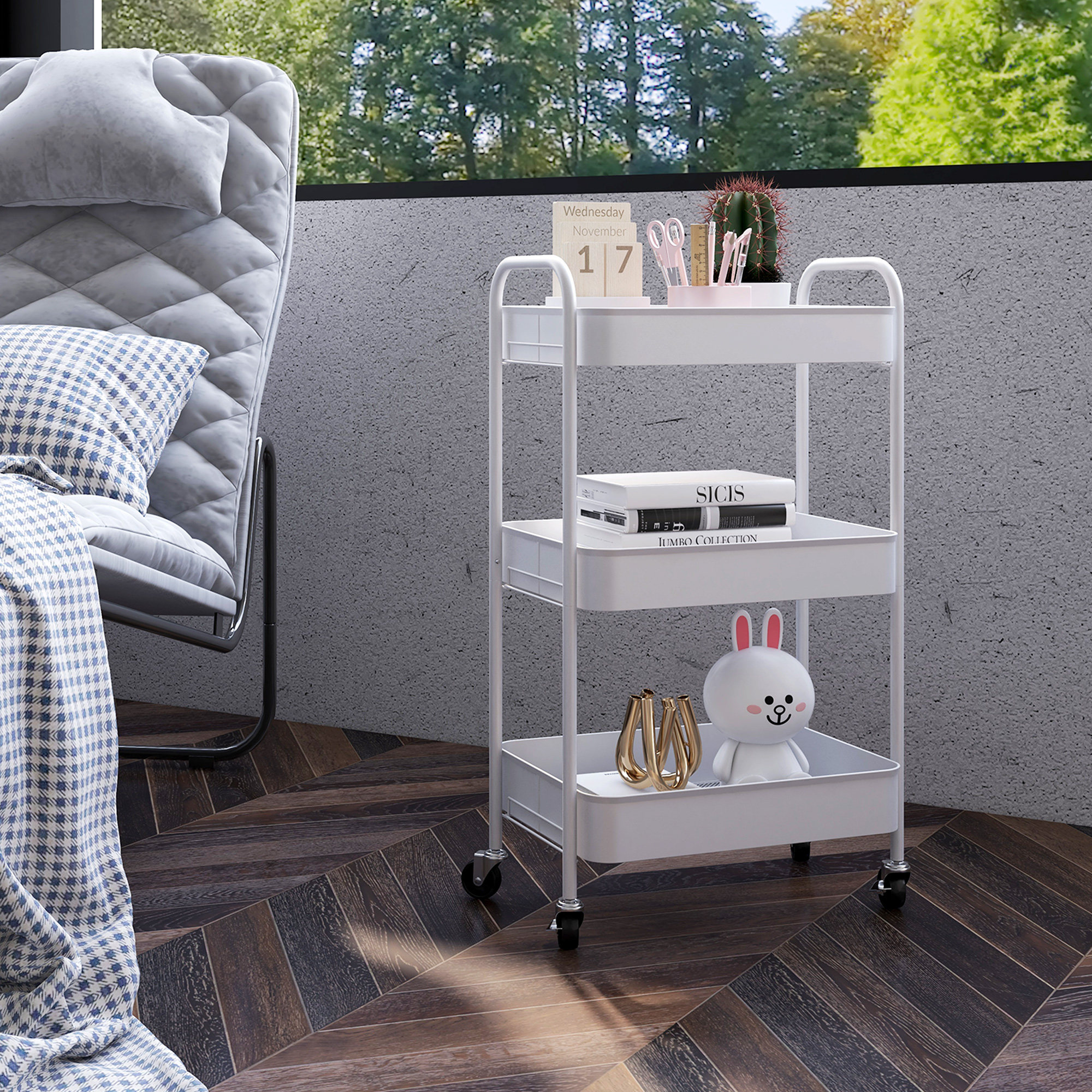HOMCOM Mehrzweckwagen Rollwagen Küchenwagen, 3 Regale, 4 Rollen, 45 cm x 30,6 cm x 79 cm, Weiß