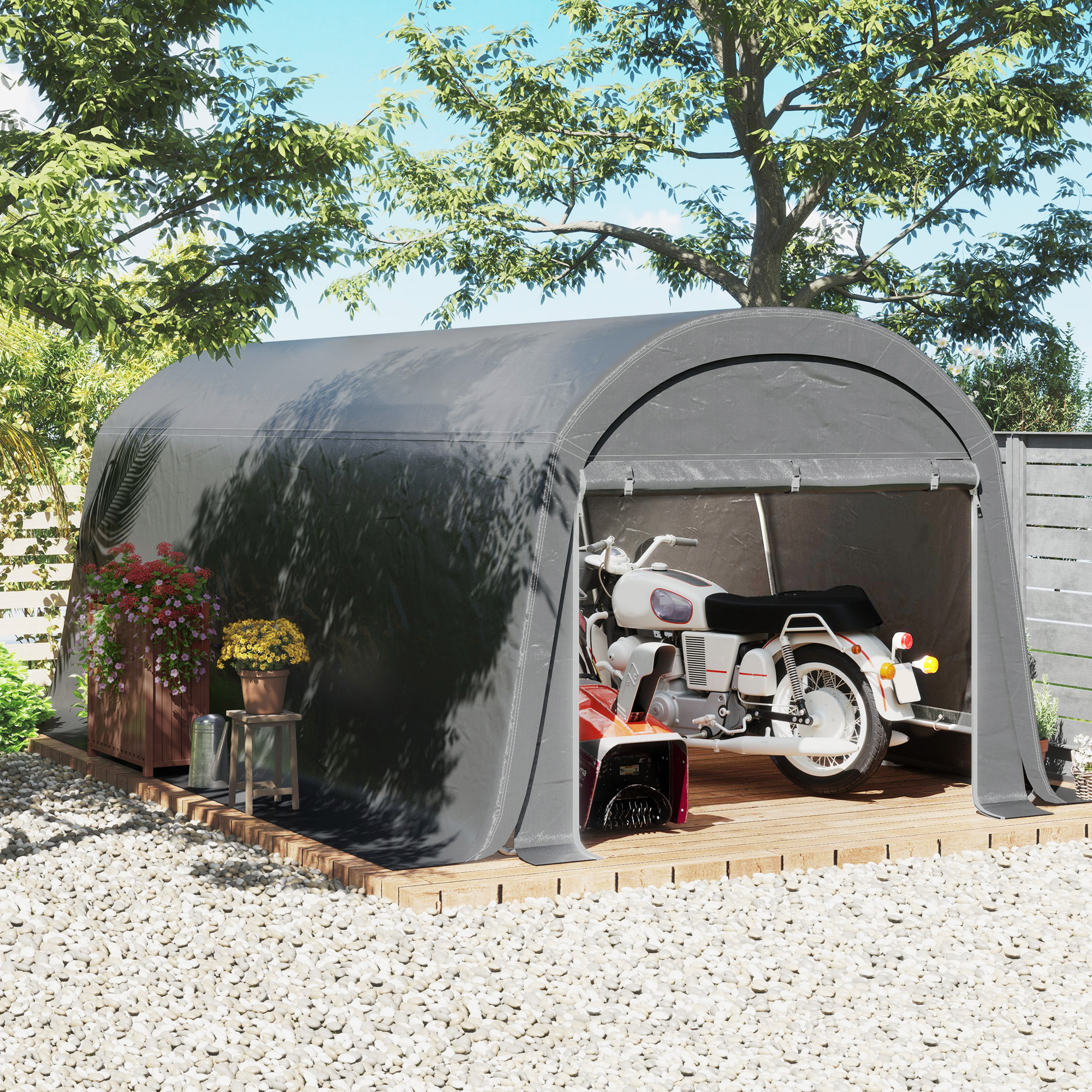 Tuinschuur met Kunststof Zeil, Gereedschapstent, Opzetbare Garage, 300B x 600D x 230H cm, Donkergrijs