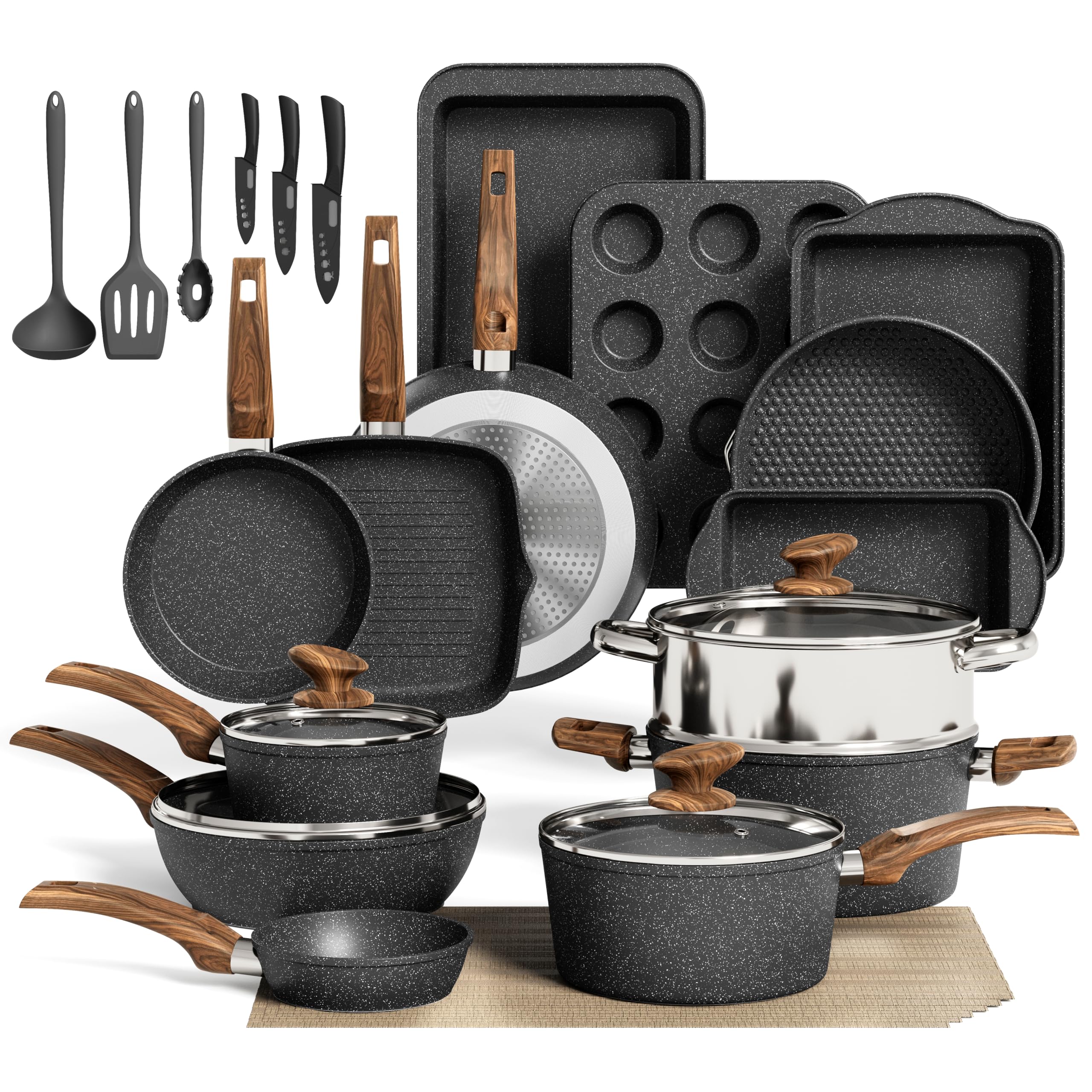 30-teiliges Topfset mit Granit-Antihaftbeschichtung, induktionsgeeignet, inklusive Pfannen, Töpfen, Backformen und Küchenhelfern
