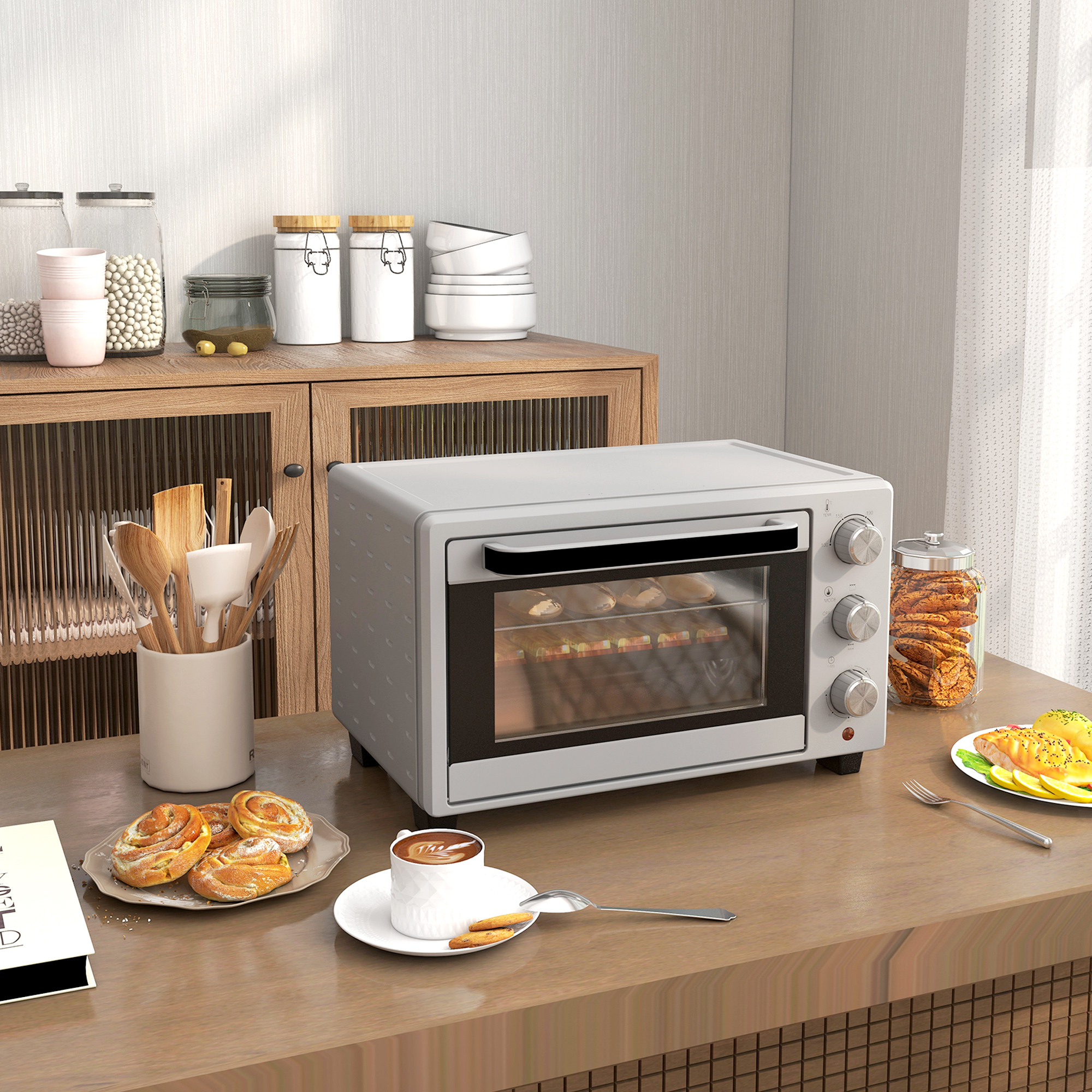 HOMCOM Minibackofen, 21 L Toasterofen mit 1 Drahtgestell und 1 Backblech, 3 Kochmodi, 100 °C-230 °C, Edelstahl, Glas, Silber