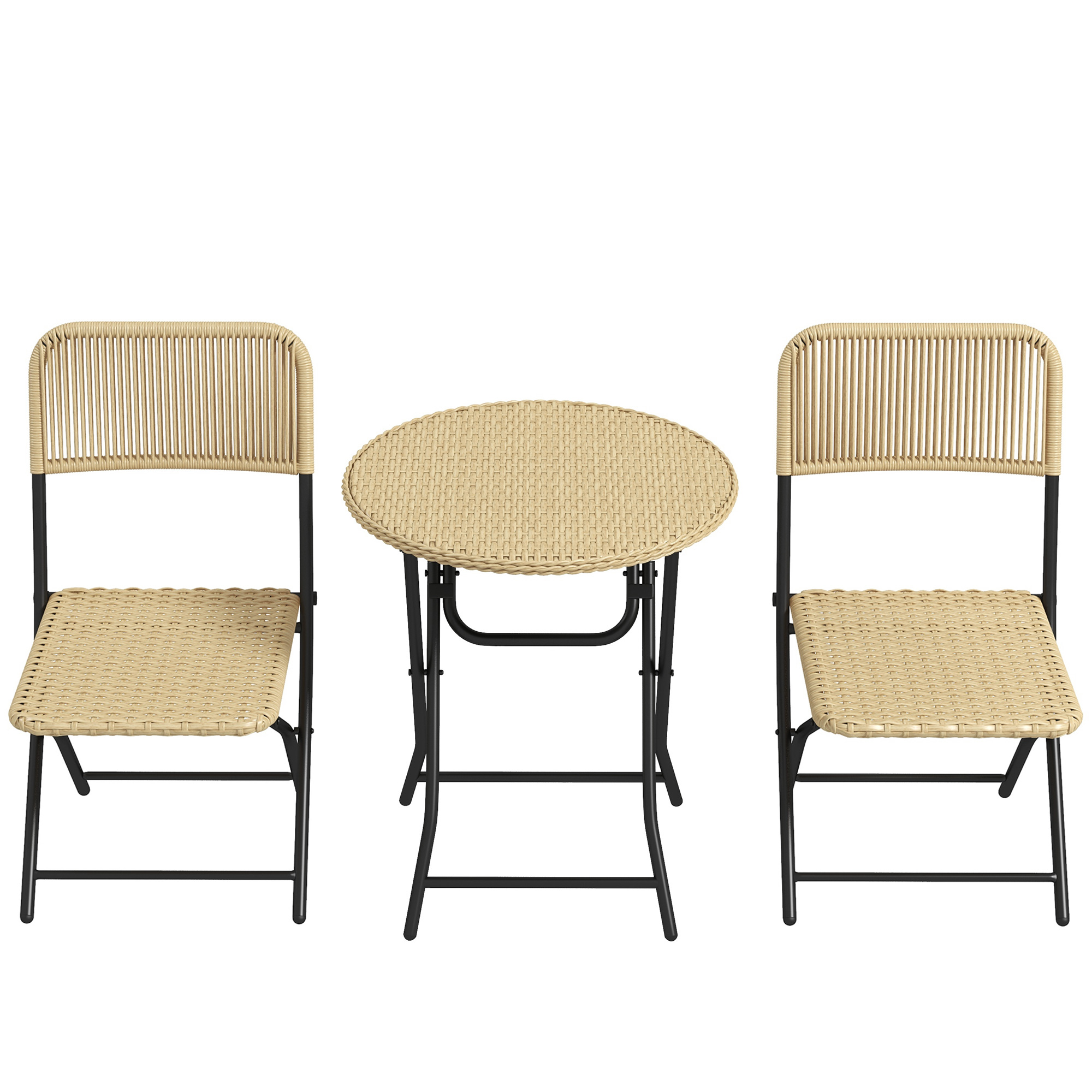 Outsunny Bistro-Set in Rattanoptik, 2 Stühle mit rundem Tisch, klappbar, Stahlrahmen, Gelb