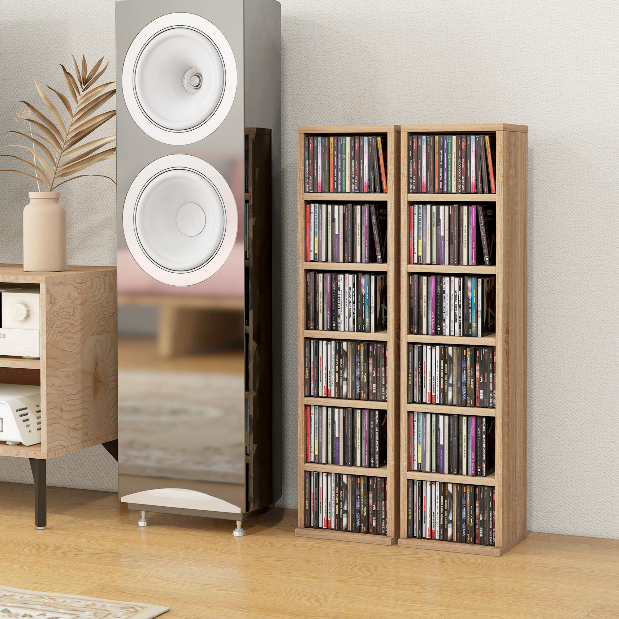 HOMCOM Set von 2 Säulenregalen CD-DVD Aufbewahrungsschrank 12 Fächer 21 x 22,5 x 88,5 cm Kapazität 204 CD Eiche