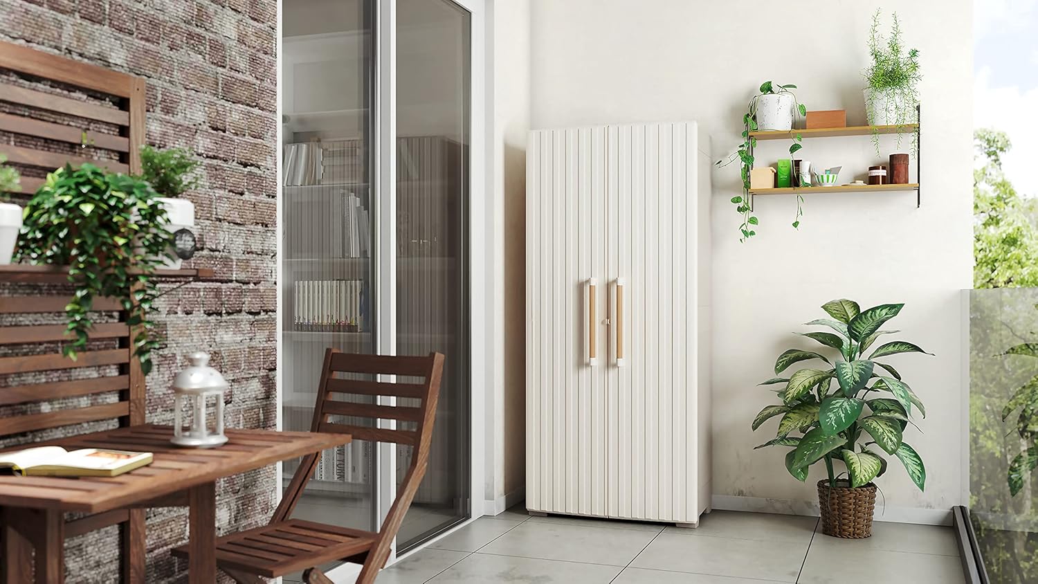 Keter Groove Outdoor Broom Cabinet, Wooden Effect Doors, Beige/Sand, 80 x 45 x 180 H cm