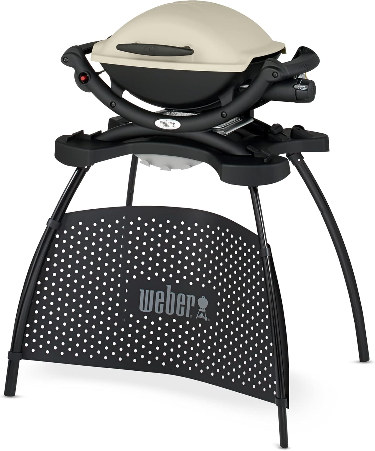 Weber Q1000 Gasgrill mit Stand, 43 x 32cm Grillfäche, portabler BBQ Grill, 1 Brenner, 2-geteilter porzellanemaillierter Guss-Grillrost, Aluminiumguss Deckel & Gehäuse - Titanium (50060379)