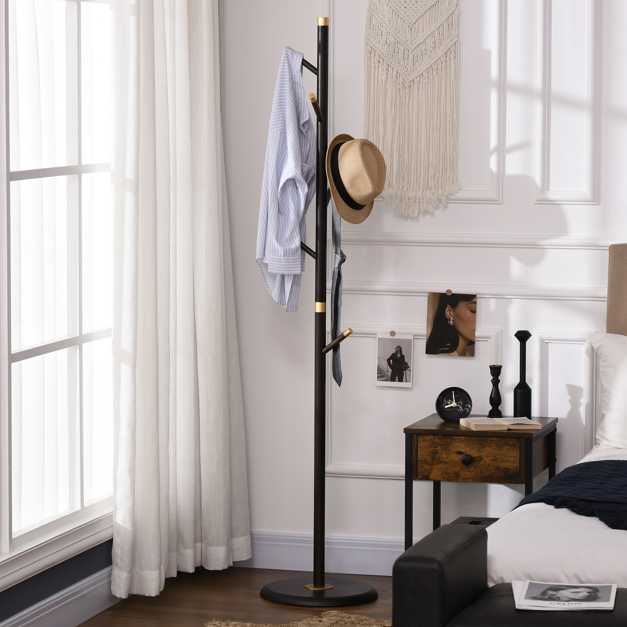 HOMCOM Garderobenständer, Kleiderständer, 6 Haken, Walnuss