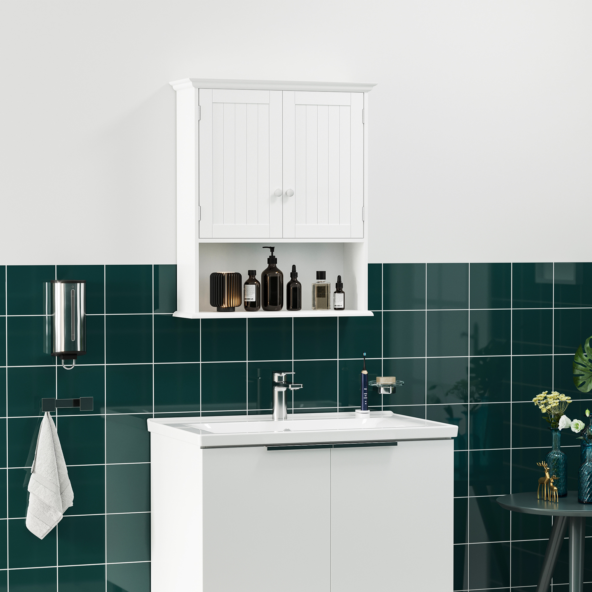 kleankin Hängender Badezimmerschrank mit 2 Türen und offenem Regal, verstellbares Innenregal, Weiß
