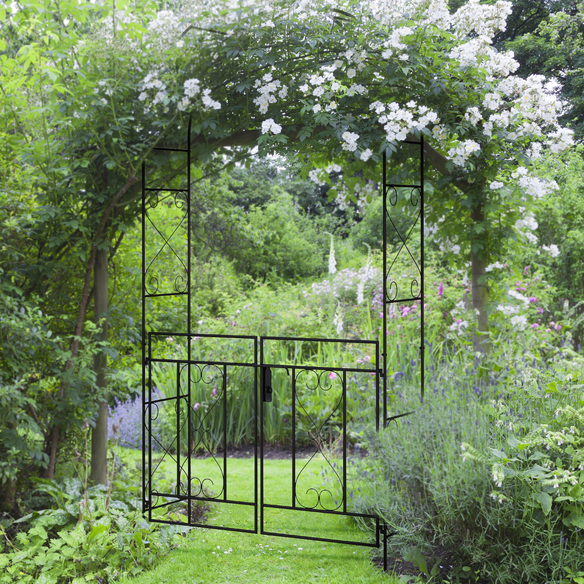 Outsunny Gartenlaube mit schmiedeeisernem Tor Rosenbogen im schmiedeeisernen Stil dim. 114L x 36B x 232H cm Epoxy-Metall Schwarz