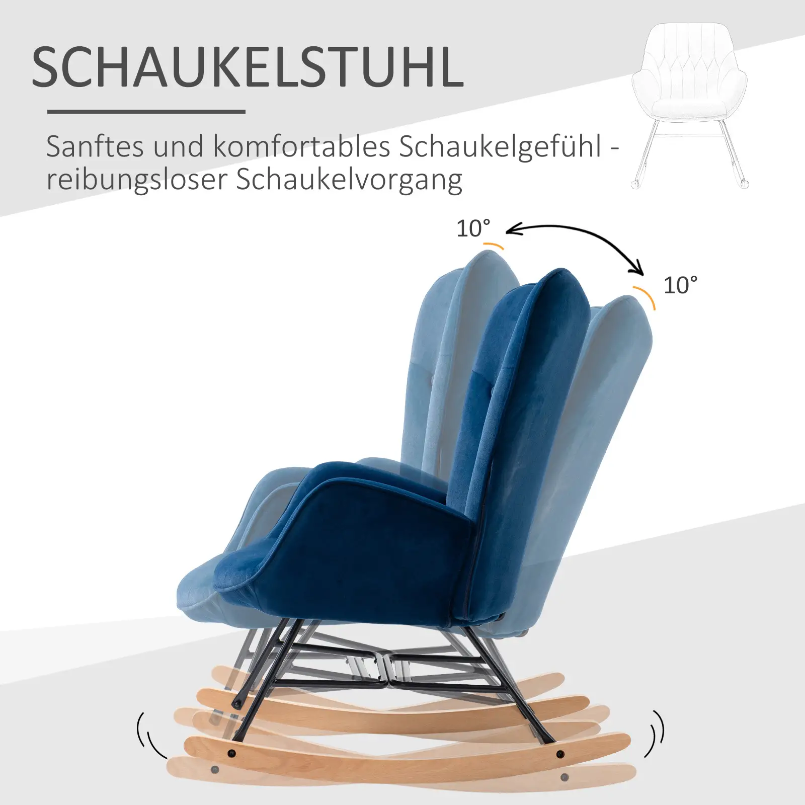 HOMCOM Schaukelstuhl skandinavisch hohe Rückenlehne Samtoptik Blau