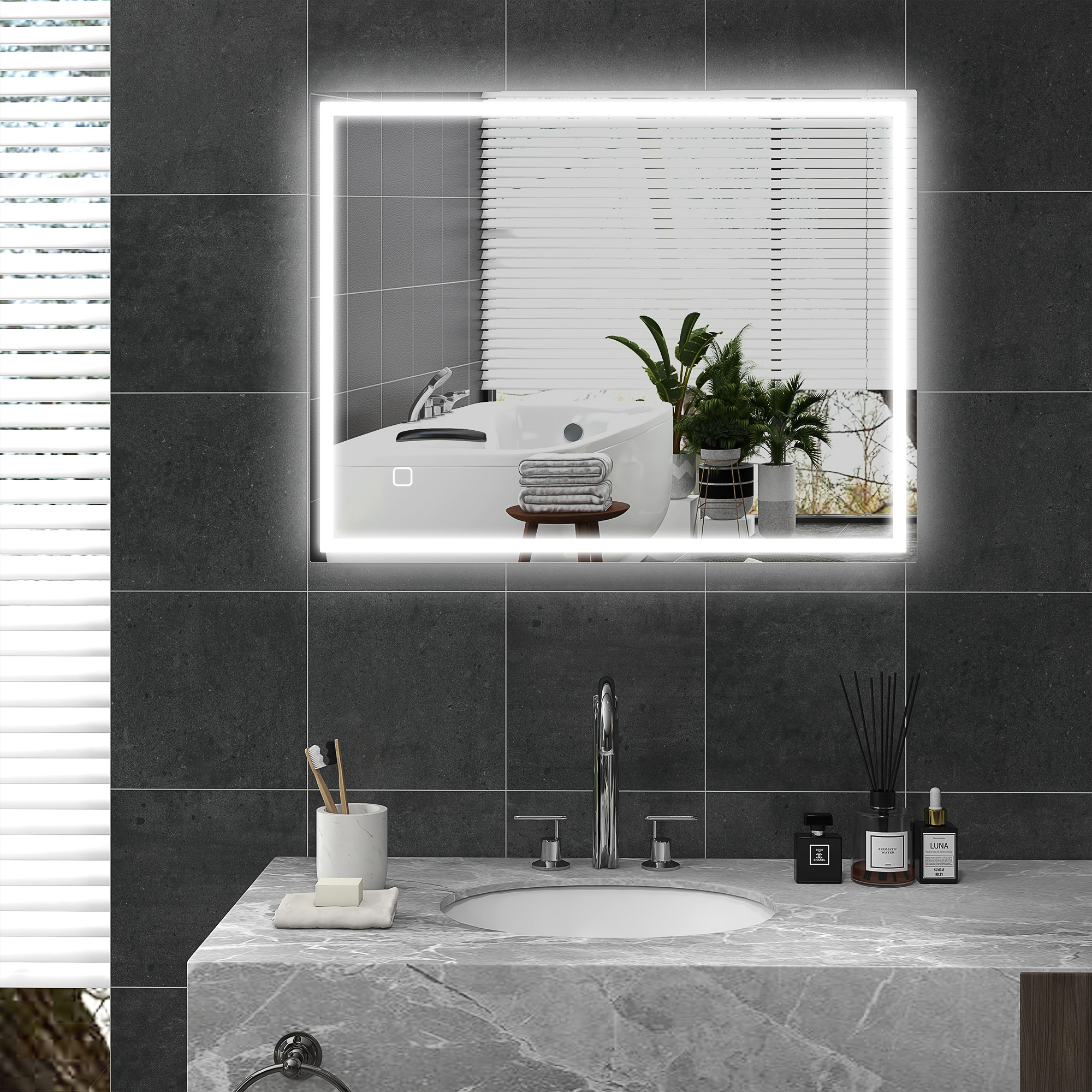 HOMCOM Badspiegel mit Beleuchtung 90x70 cm LED Spiegel Wandspiegel mit Memory-Funktion 3 Lichtfarben Silber