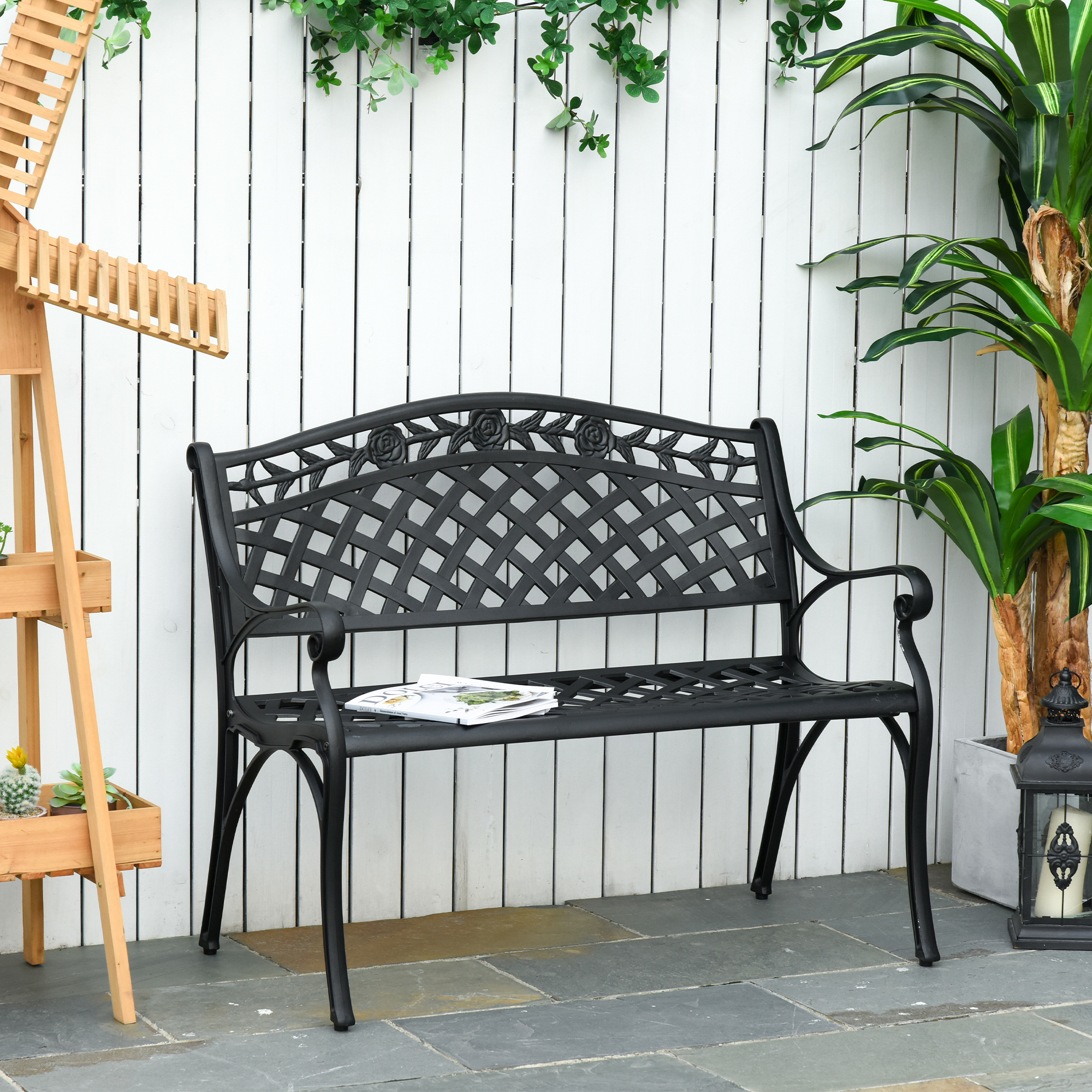 Outsunny 2-Sitzer Sitzbank Alu Gartenbank Metallbank Bank mit Armlehnen Landhausstil Schwarz 102,5 x 61 x 84 cm