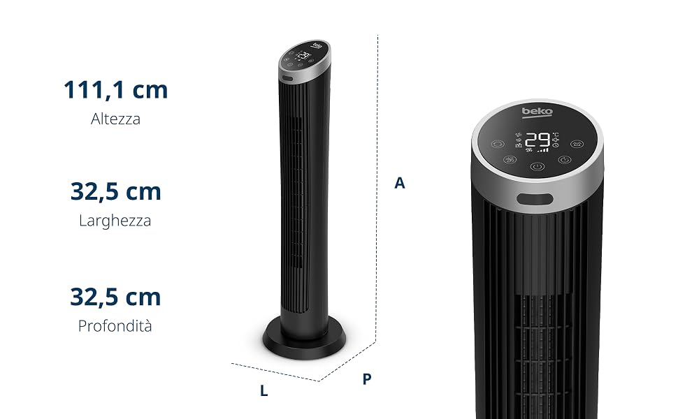 Ventilatore a torre alto nero con misure indicate: 111,1 cm di altezza, 32,5 cm di larghezza indicate nel diagramma dimensionale. Presenta un elegante design cilindrico con pannello di controllo digitale.