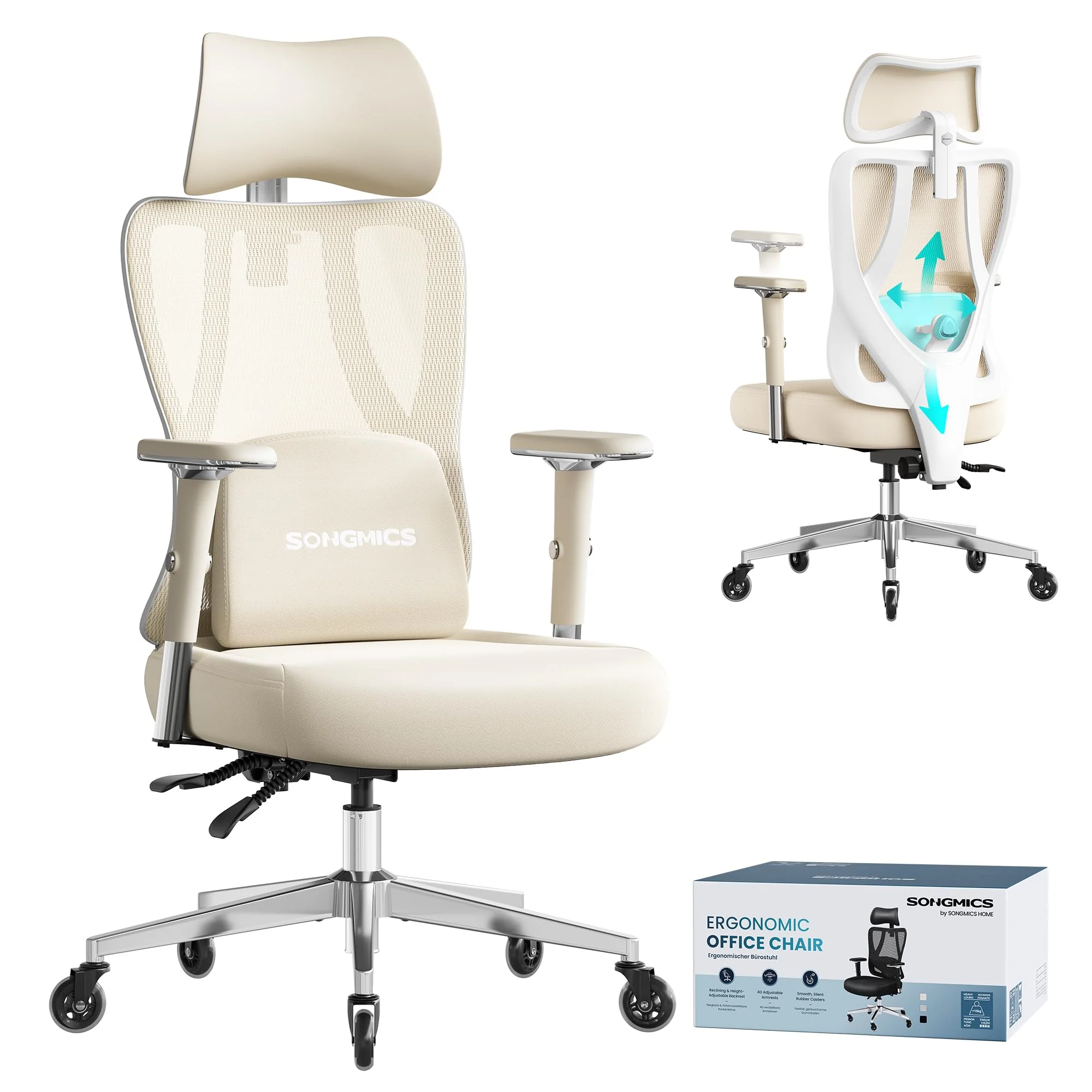 SONGMICS Ergonomischer Bürostuhl mit klappbaren Armlehnen und höhenverstellbarem Sitz