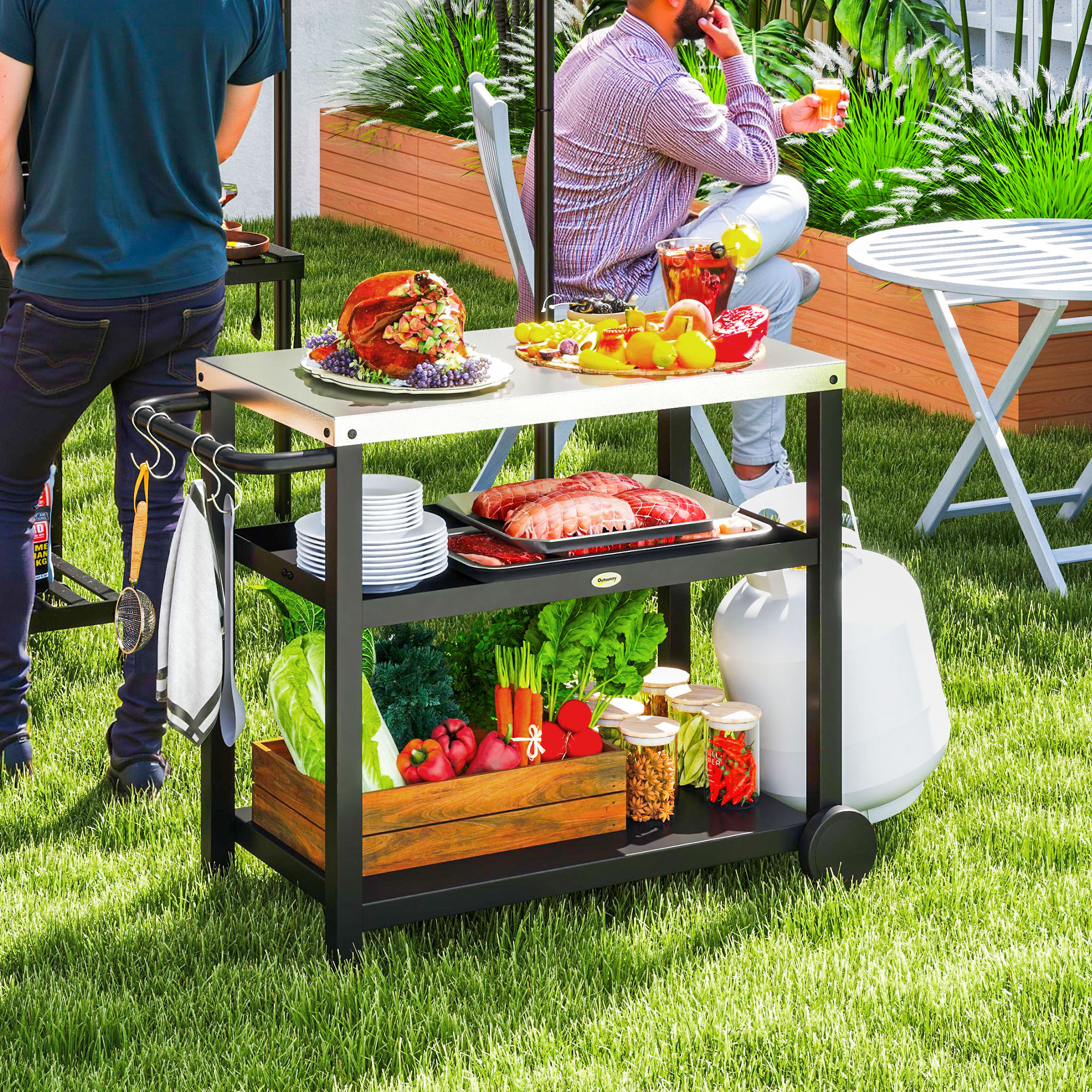 Outsunny Grillwagen 3-Etagen Servierwagen mit Arbeitsfläche Ablagen Haken Räder, Edelstahl 102x50x81cm Kohlegrau