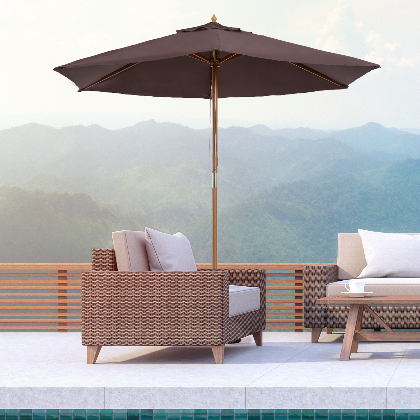 Outsunny Gartenschirm 2,5x2,3 m mit 6 Streben und Kurbel, aus Holz und Polyester, Braun
