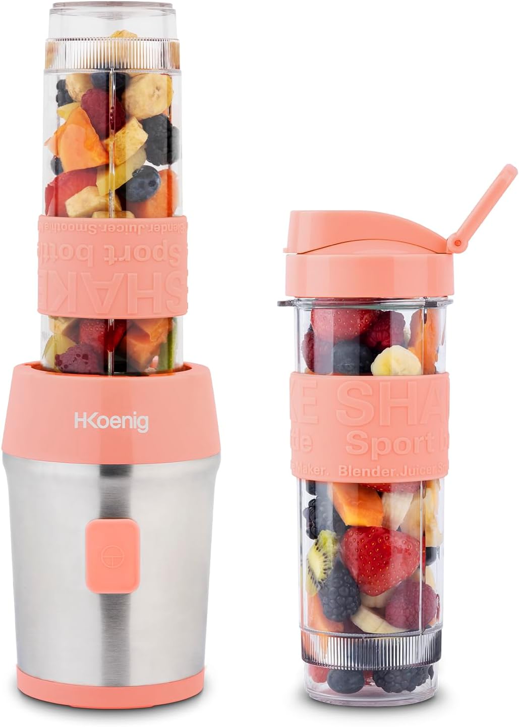 H.Koenig SMOO9 Mini Portable Blender, Compact 570 ml, BPA-Free, 4 Stainless Steel Blades, 300 W, 2 Portable Bottles, 2 Travel Lids, Smoothie Mixer