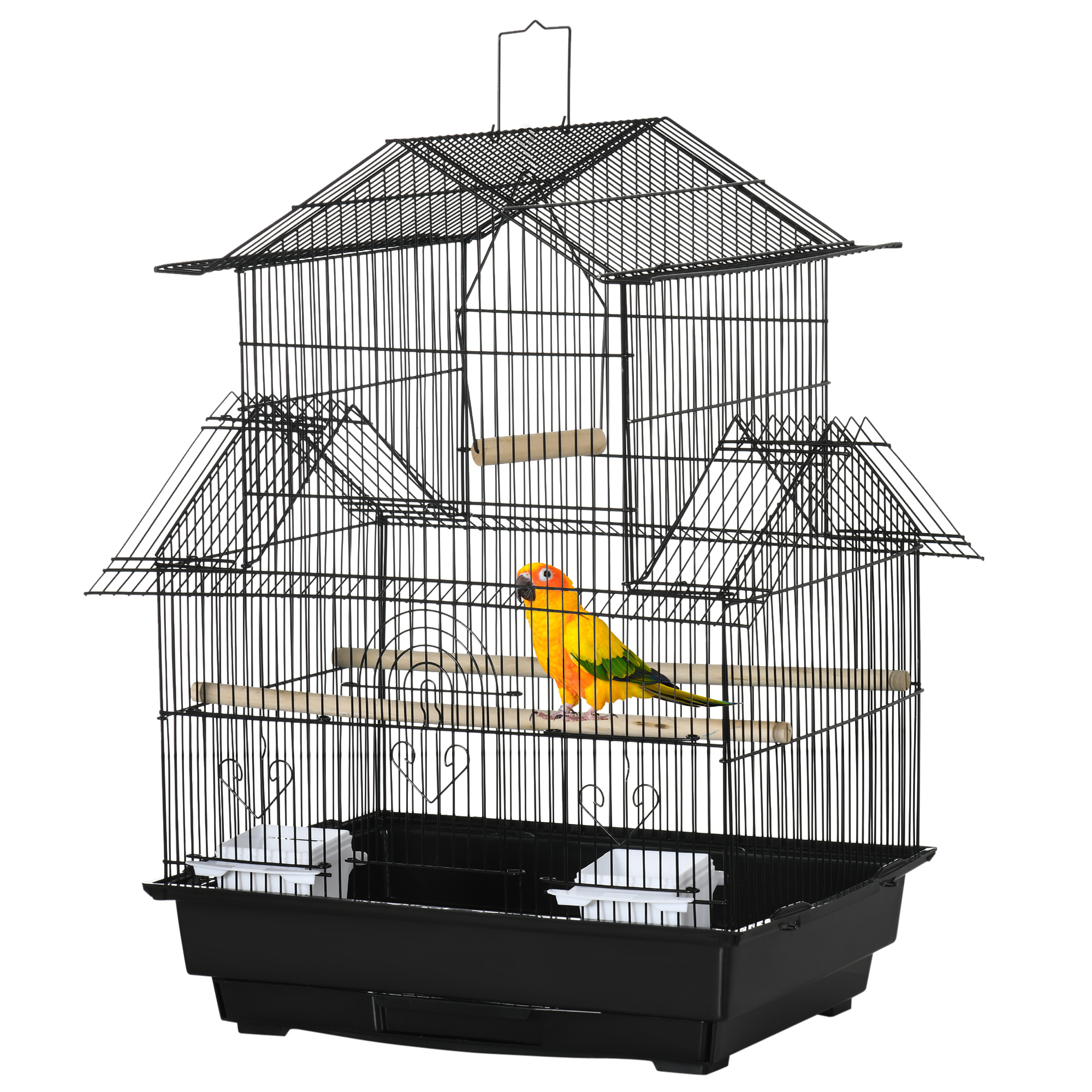 PawHut Voliere Haus für Vögel futter- und sitzstangen 3 türen kottablett + transportgriff 50,5 x 41 x 63 cm schwarz