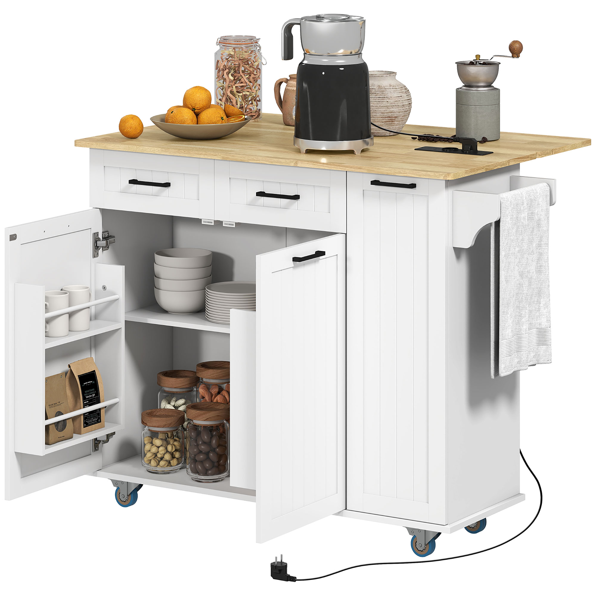 HOMCOM Mobile Kücheninsel mit Steckdose und USB-Port, klappbare Arbeitsplatte, verstellbares Regal Weiß