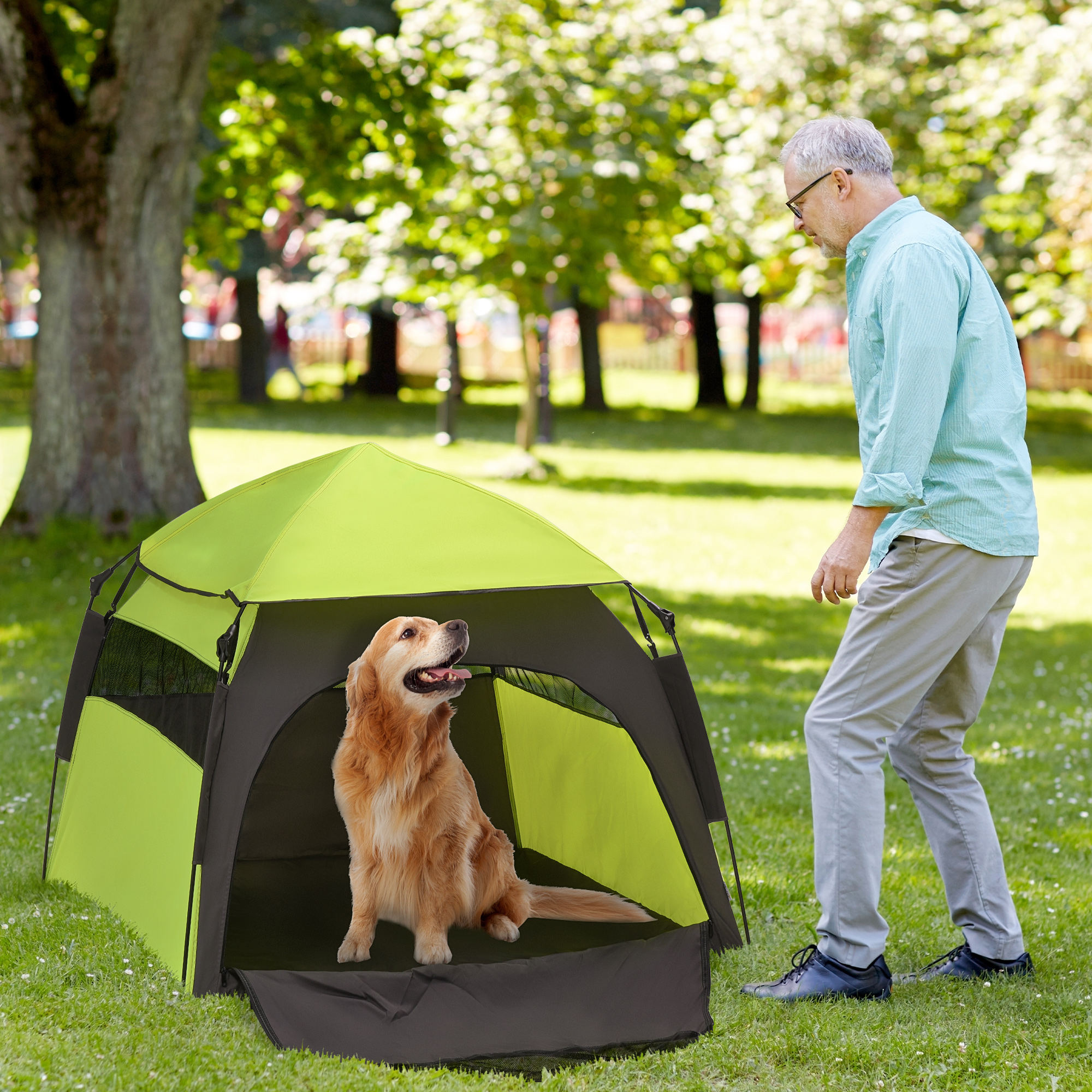 PawHut Haustierzelt Hundezelt Outdoor Tierzelt, 110 cm x 110 cm x 85 cm. Bodenspieße +  Transporttasche. Grün + Schwarz