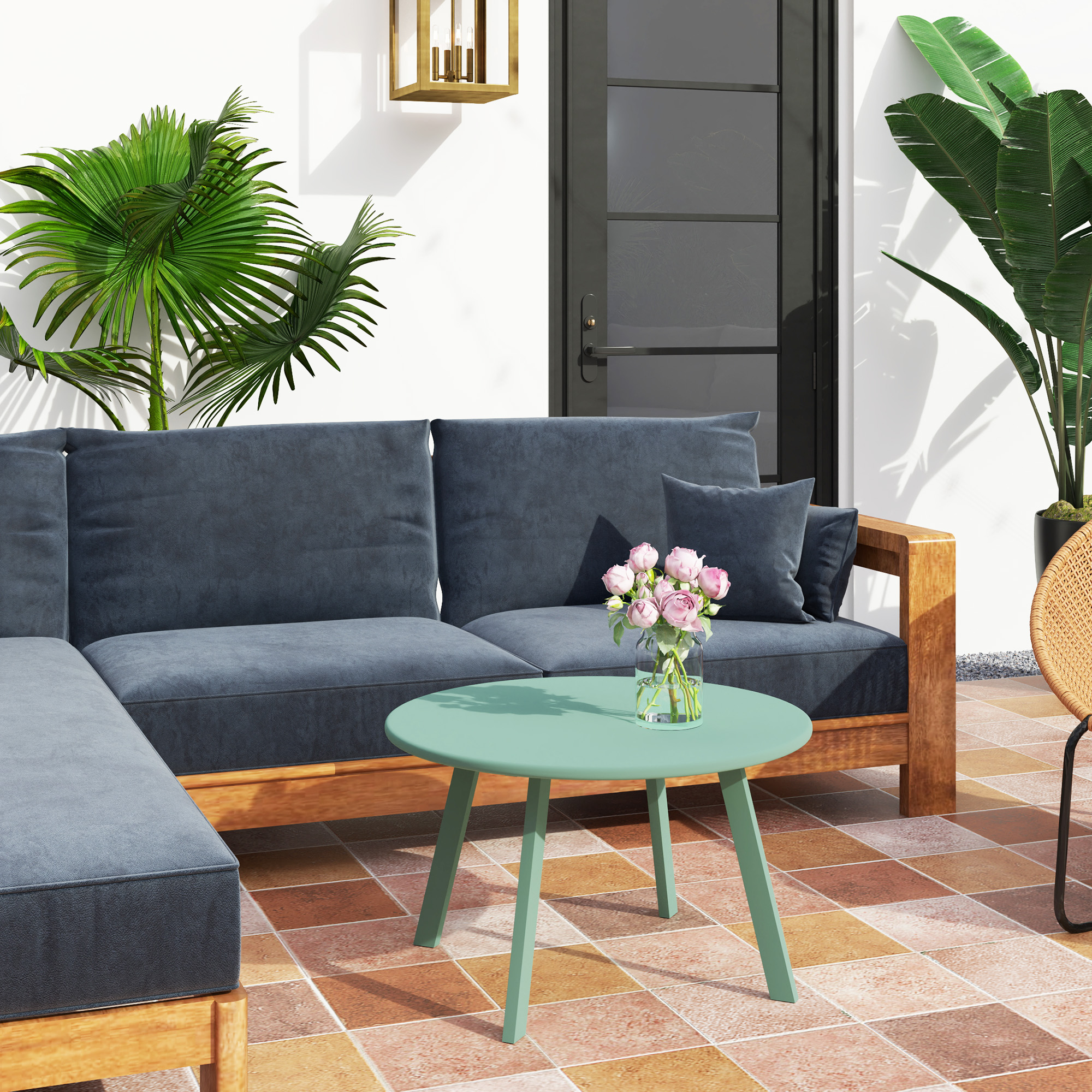 Outsunny Kleiner runder Gartencouchtisch, Beistelltisch mit rutschfesten Füßen, Metallrahmen, für Garten, Ø 70 x 42 cm, grün