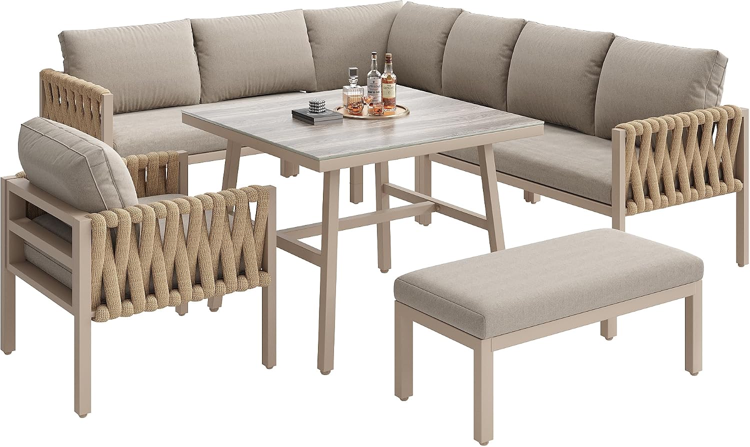 Idemon Set di mobili da giardino con struttura in ferro zincato, gambe regolabili, divano ad angolo, piano in vetro temperato, inclusi tutti i cuscini per seduta e schienale, beige