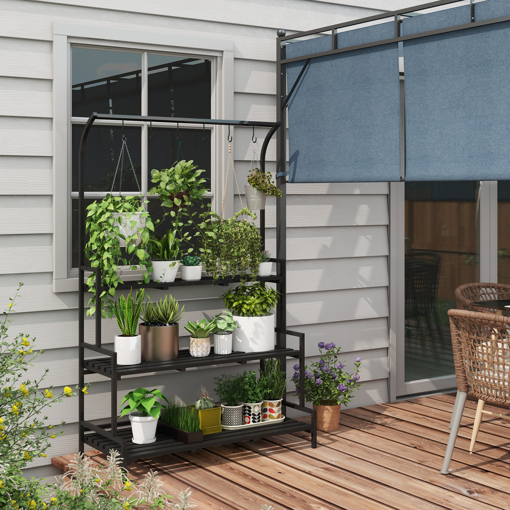 Outsunny Blumenständer, 3 Etagen, 6 Haken, Indoor & Outdoor, Metallrahmen, 170H x 110L x 50B cm, Schwarz