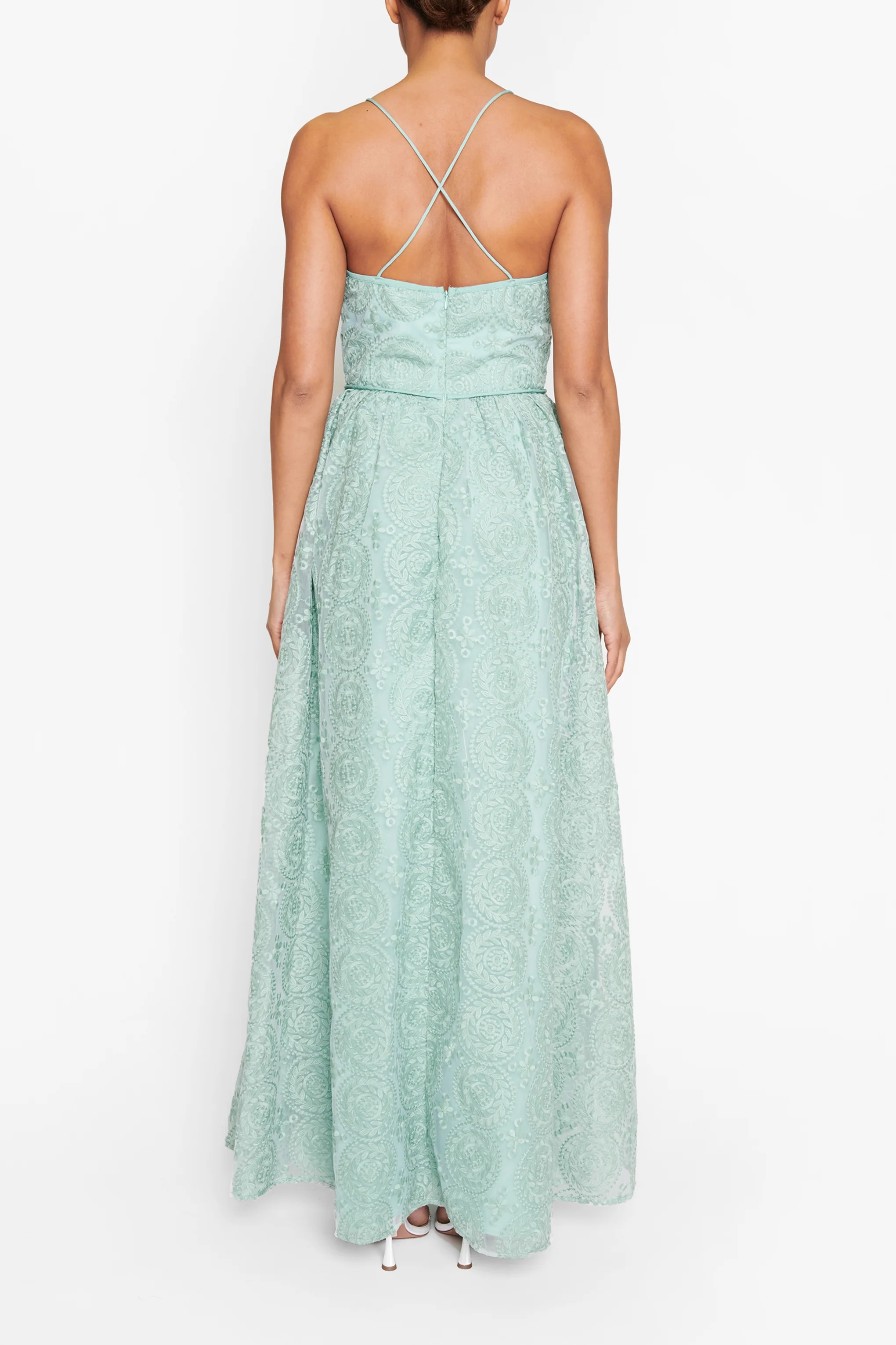 Matilda Dusty-Green Embroidery Plunge-Front Cross-Back Maxi-Dress