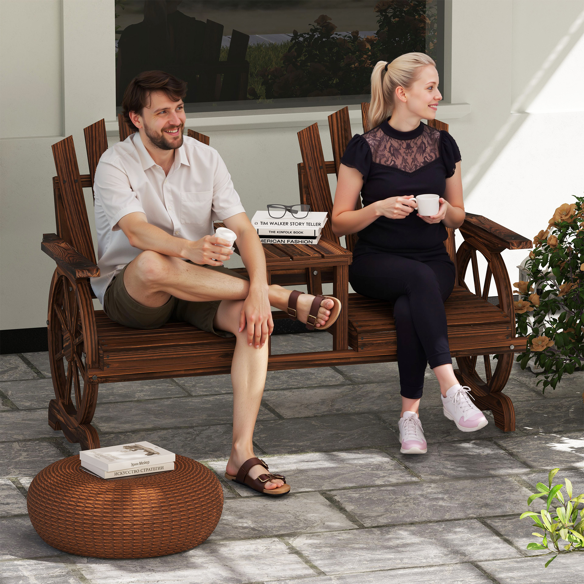 Outsunny 2-Sitzer Gartenbank Holz, wetterfest Sitzbank, mit Schirmloch, Beine im Wagenradform 154 x 65 x 102 cm Verkohlt