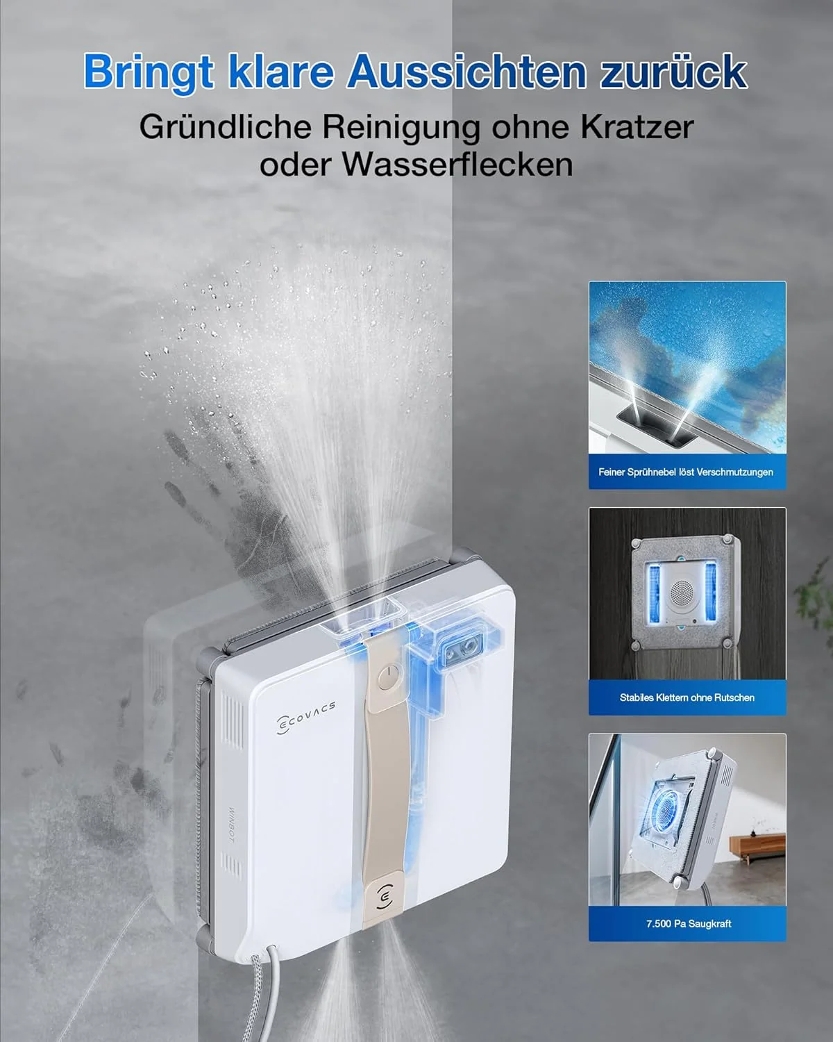 ECOVACS WINBOT MINI Fensterputzroboter, kompaktes Design, Doppel-Düsen mit Ultraschall-Zerstäubung, 9-Stufen-Schutzsystem, intelligente Pfadplanung, 4 Reinigungsmodi, Anti-Rutsch-System, Weiß