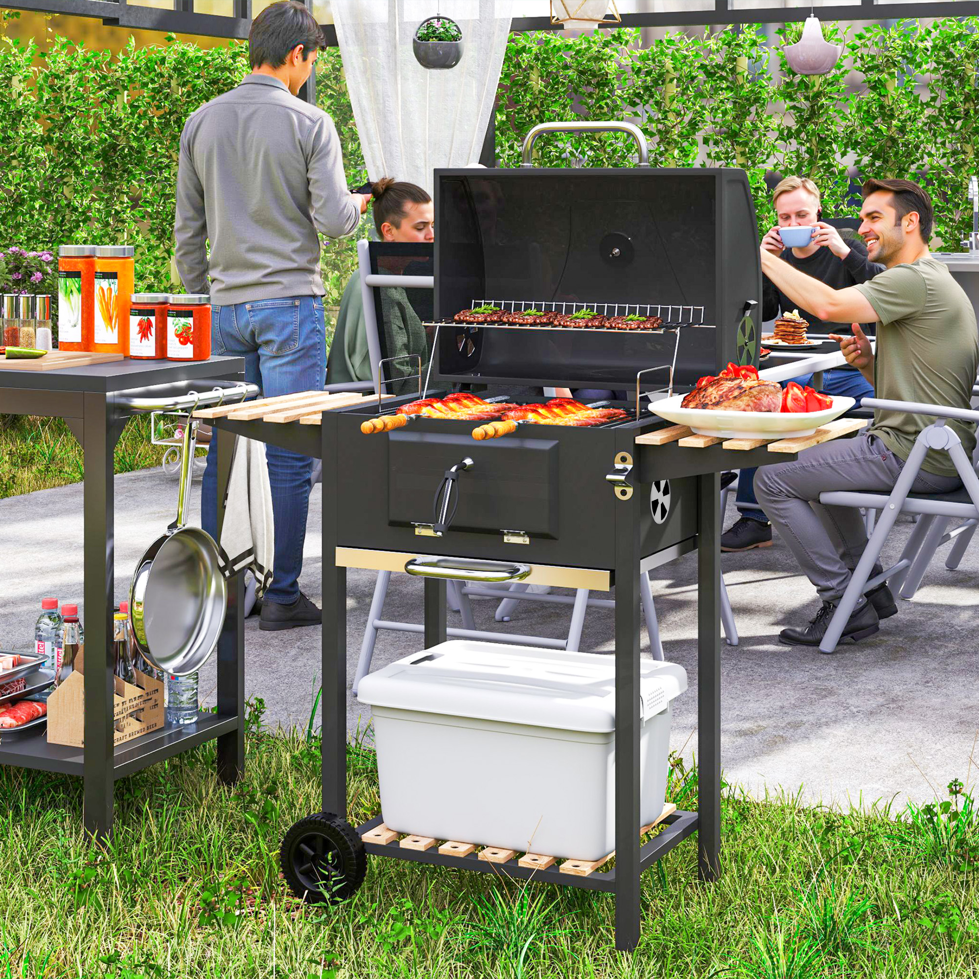 Outsunny Holzkohlegrill, höhenverstellbare Kohlenpfanne, Grillwagen, Regale, Thermometer, Flaschenöffner, Stahl, Holz, Schwarz