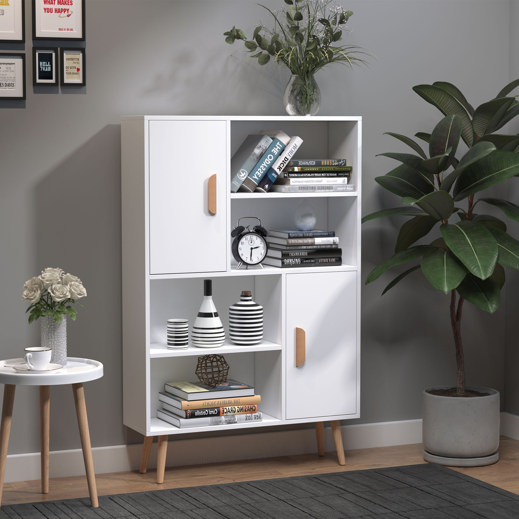 HOMCOM Kommode Sideboard Schubladenkommode Highboard Schrank Anrichte Schuhschrank Küchenregal Küchenschrank mit 2 Türen 5 Fächern Weiß 80 x 23,5 x 123 cm