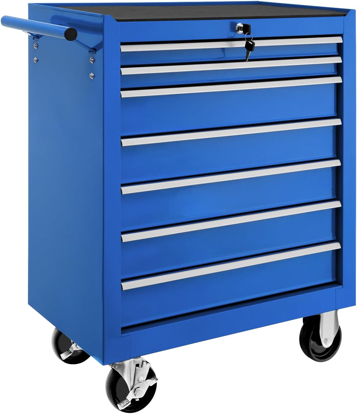 tectake Werkzeugwagen, Werkstattwagen, rollende Werkstatt, Werkzeugwagen leer, Werkzeugbox, 7 Schubfächer, 69 x 33 x 79 cm, Rollen mit Bremsen, inkl. 2 Schlüssel - blau