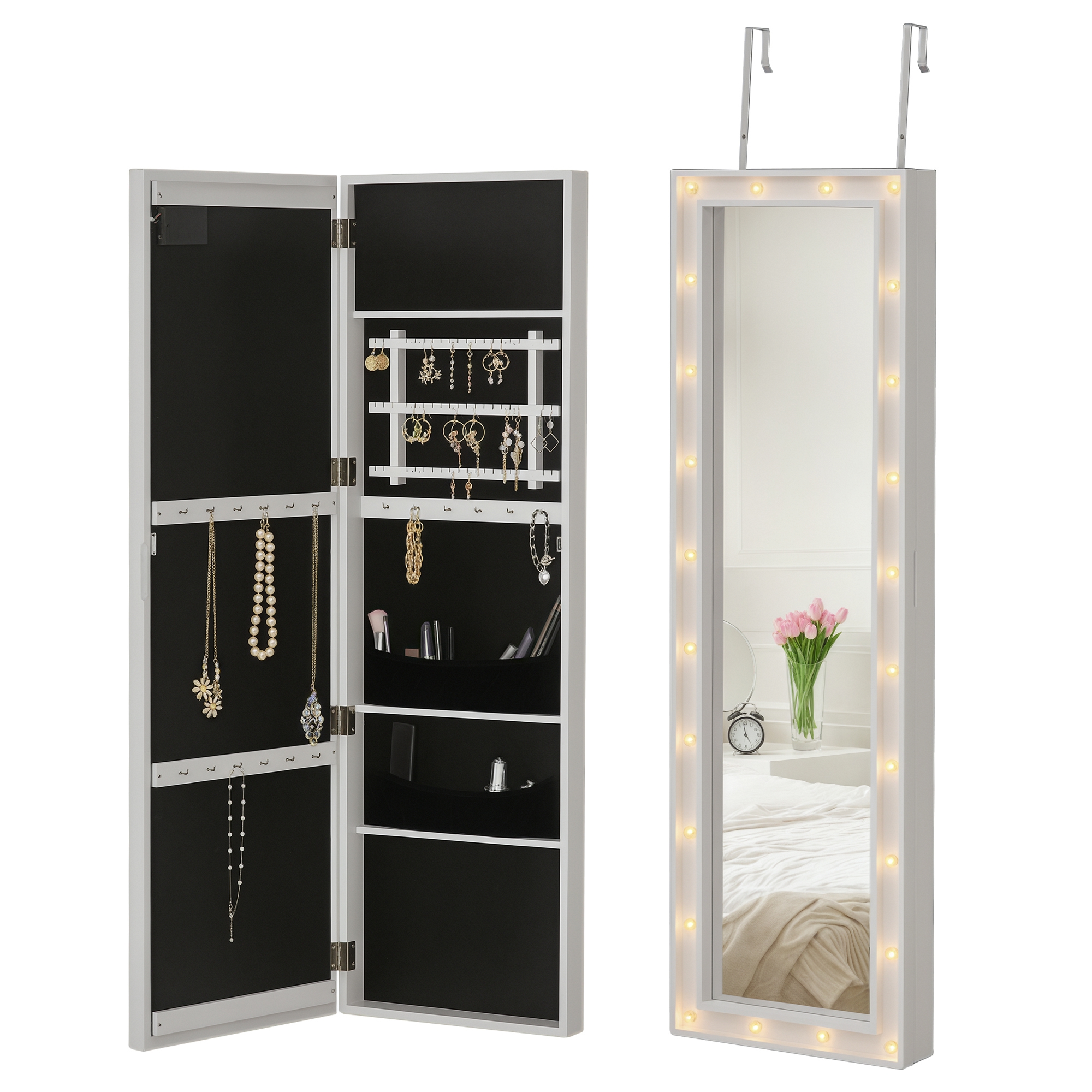 HOMCOM LED Schmuckschrank Aufhängbarer 2 in 1 Schmuckregal Spiegelschrank Türmontage MDF Weiß 36,6 x 8 x 120 cm