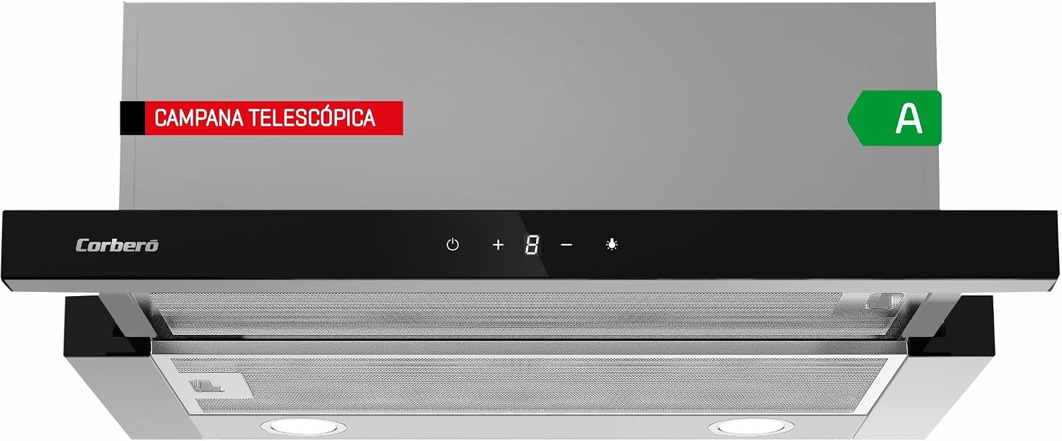 Corberó Dunstabzugshaube, 90 cm, 600 m, 165 W, Schwarz, ANETO960X Teleskophaube Inox&, Durchflussmenge ³/h, Leistung
